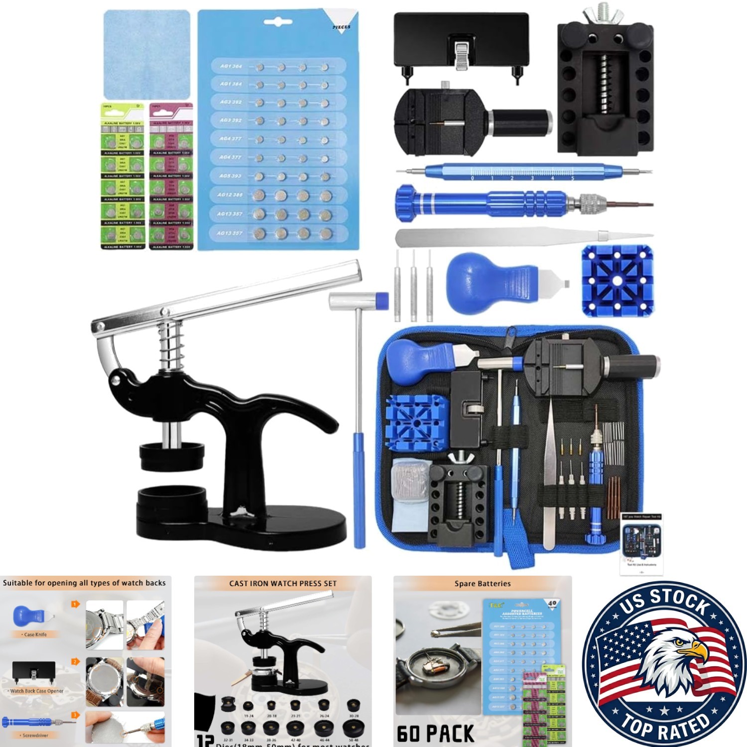 Comprehensive Watch Repair Tools Set with Adjustable Case Opener & Batteries