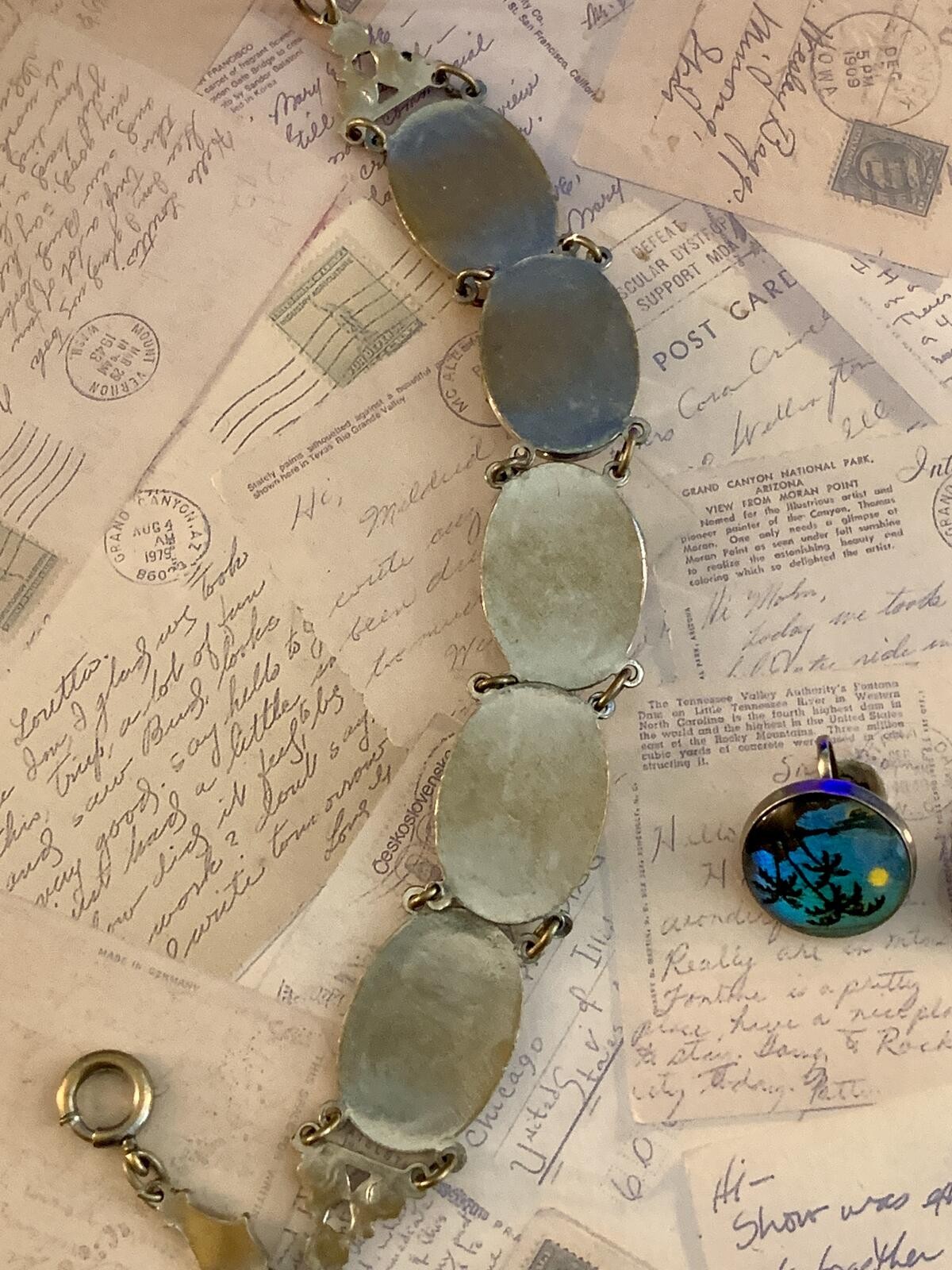 Vintage Art Deco Blue Morpho Butterfly Wing Tropical 1920’s Bracelet Earring Set