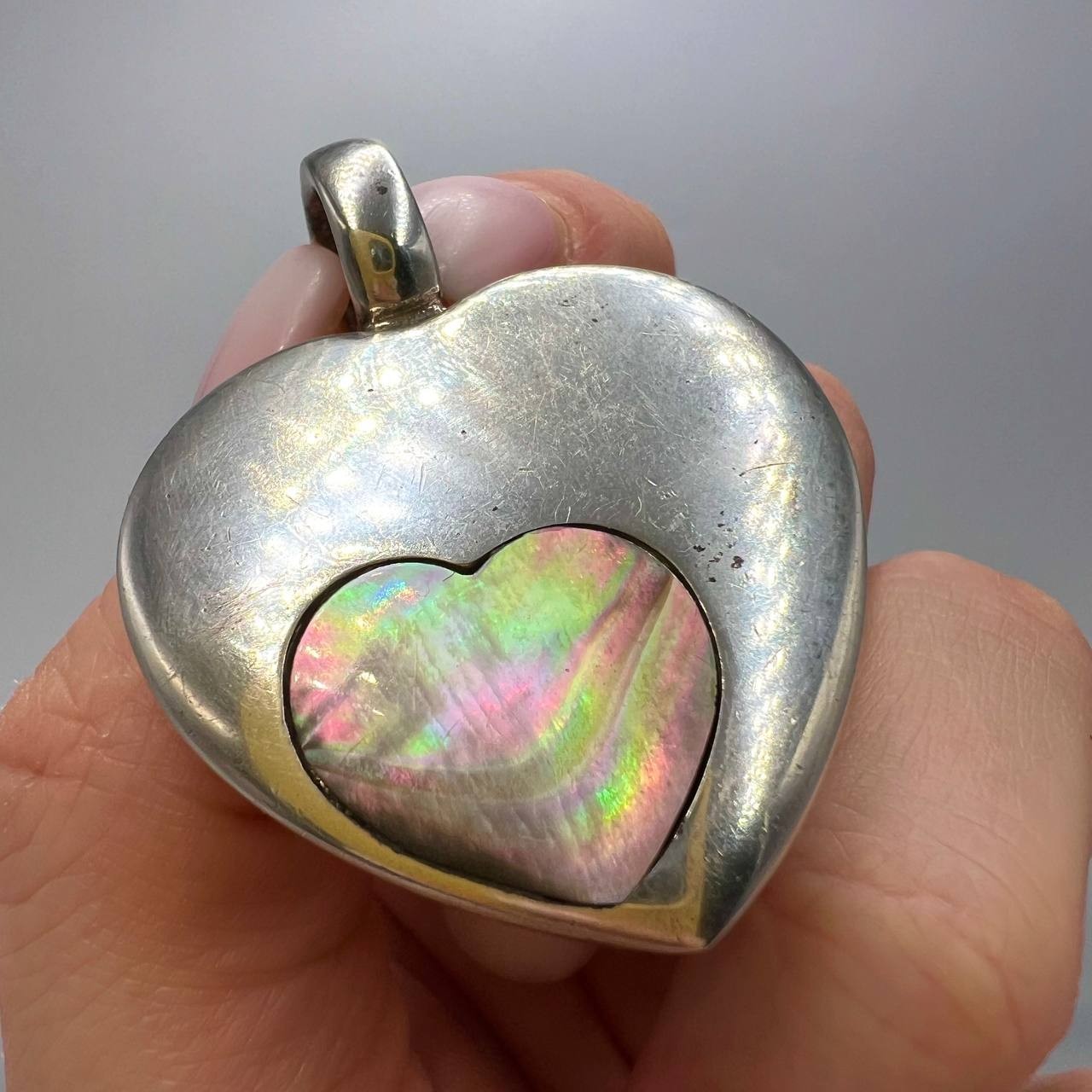 Large Vintage Sterling Silver 925 Abalone Women’s Pendant Heart Signed 22.5g