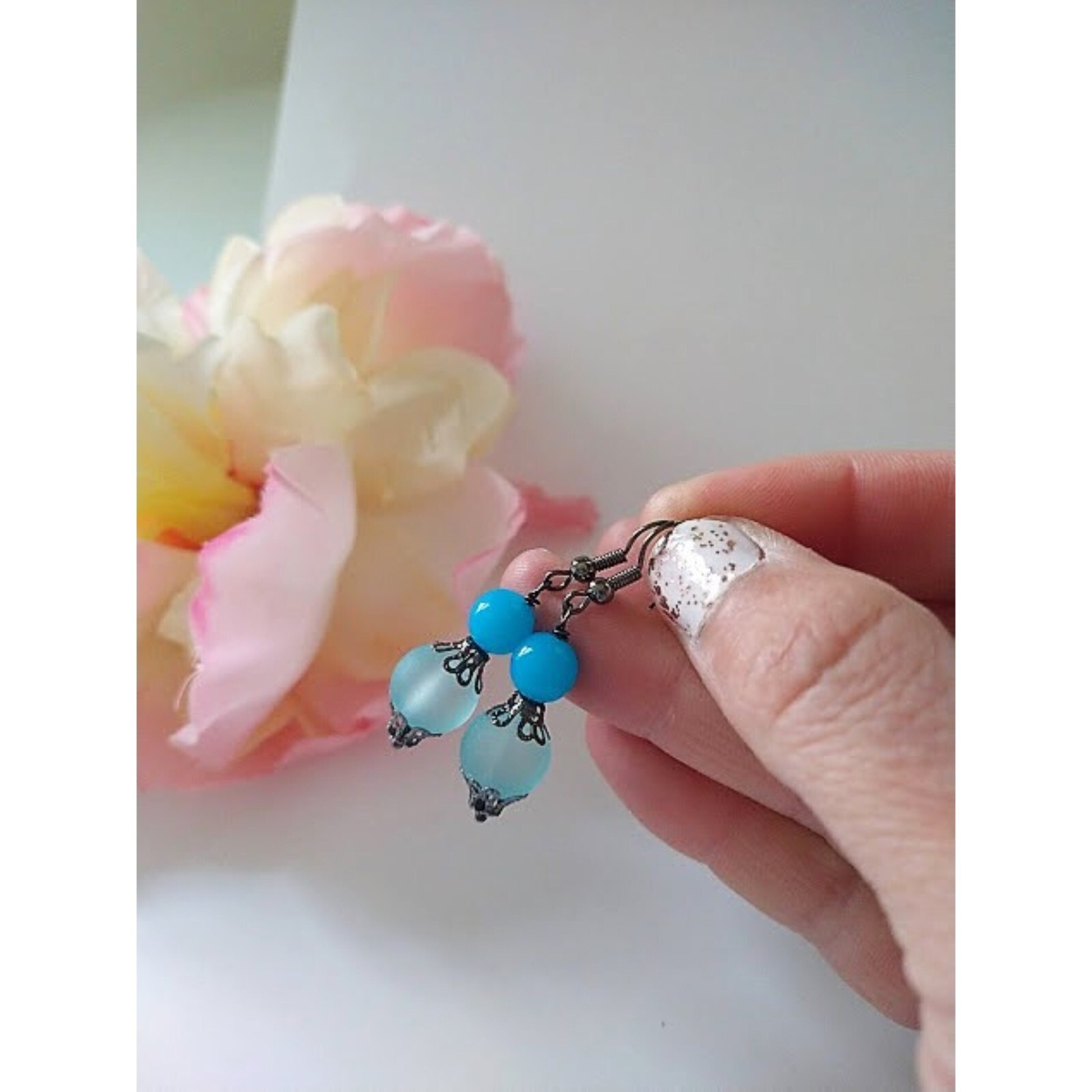 Opaque Blue Glass Gray Gunmetal Dangle Earrings, Ladies Fashion Handmade