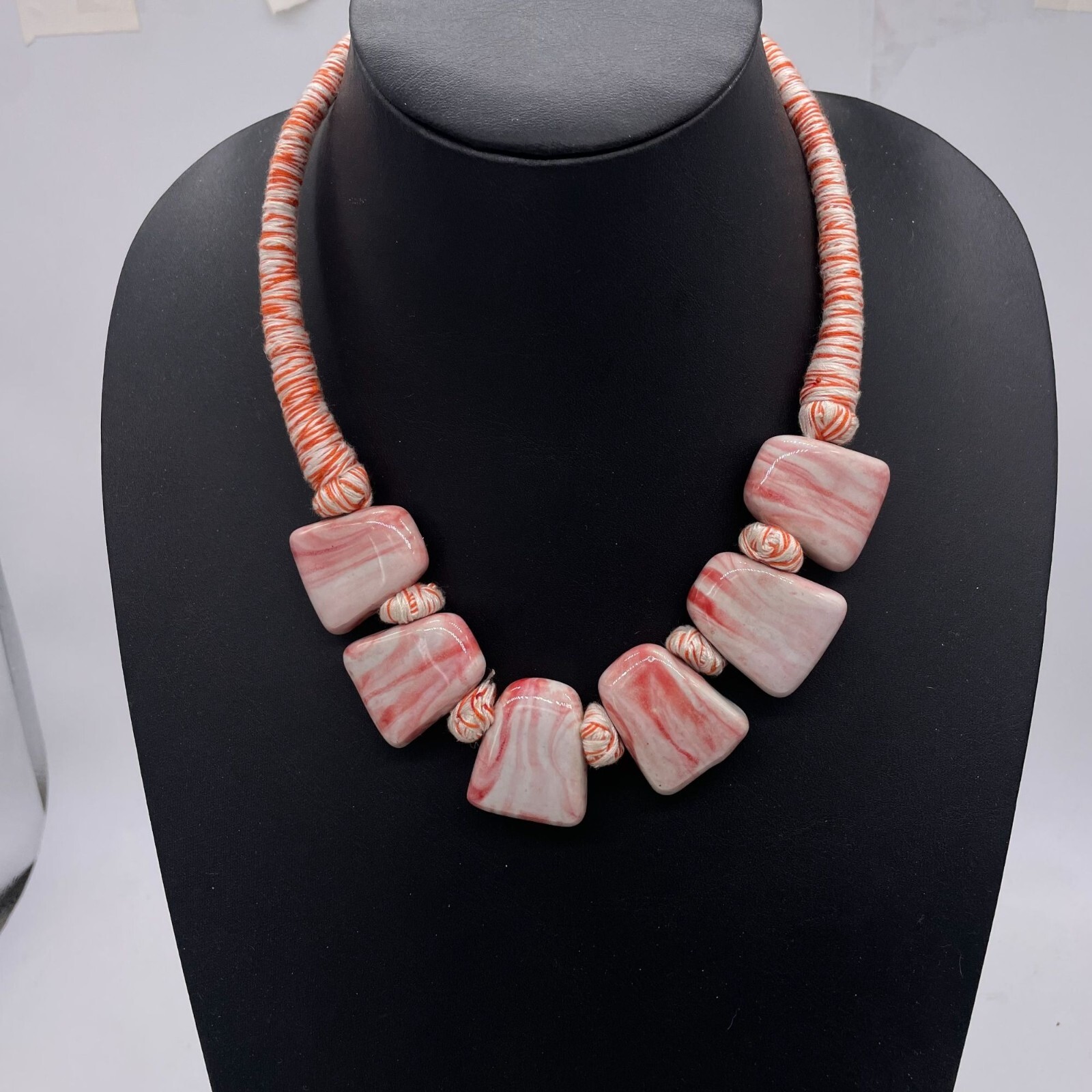Pink Shell Beads Twisted Wrapped String Cord Statement Choker Necklace