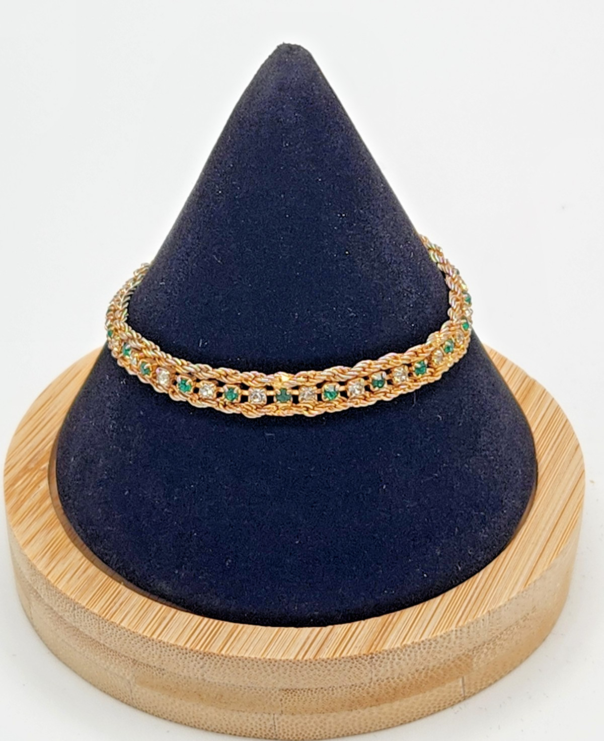 Vintage Gold Tone Green Clear Rhinestone Link Bracelet 7.25″ Rope Border