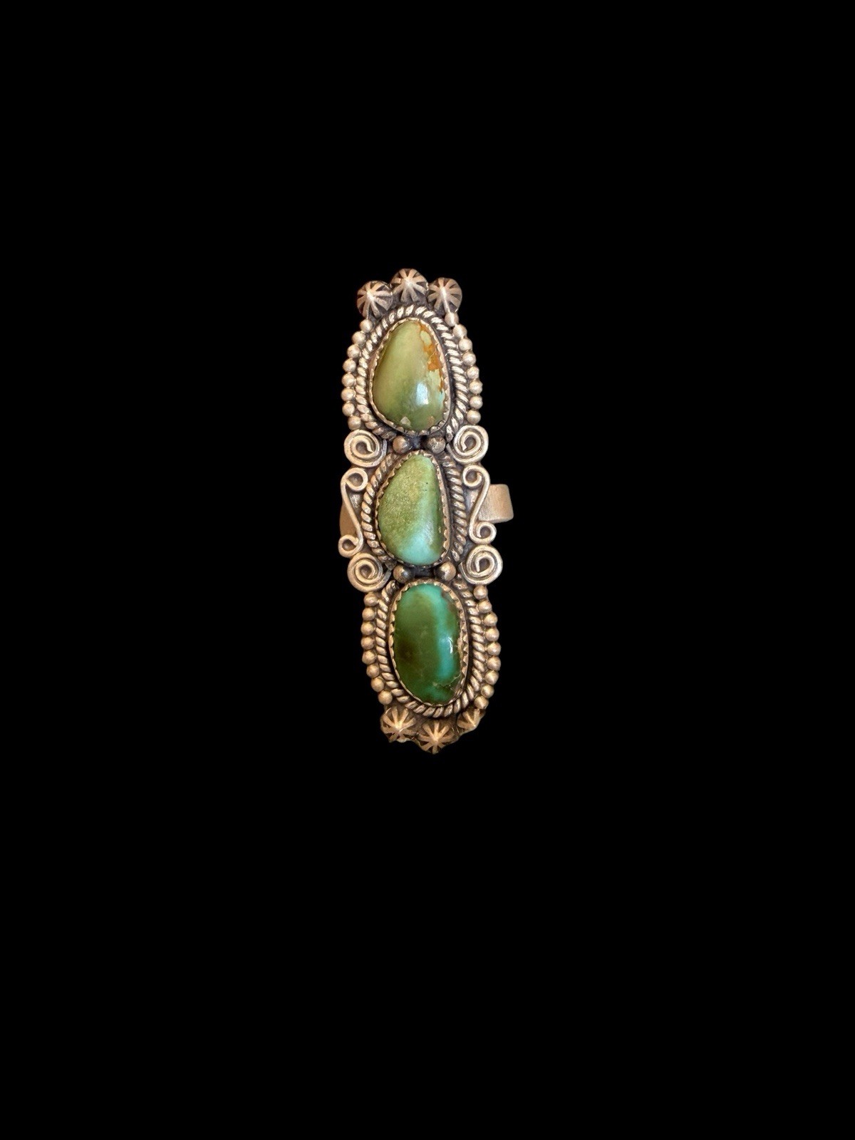 Beautiful Southwest Sterling Silver Triple Green Turquoise Ring See Description