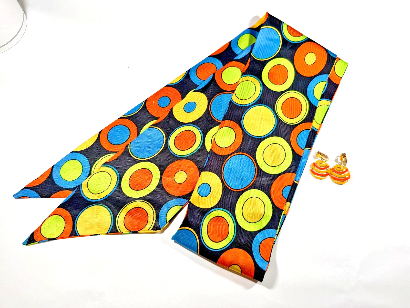 VTG 1970s Mod Psychedelic Hair Scarf & Earring Set Circles Polyester Estate Find