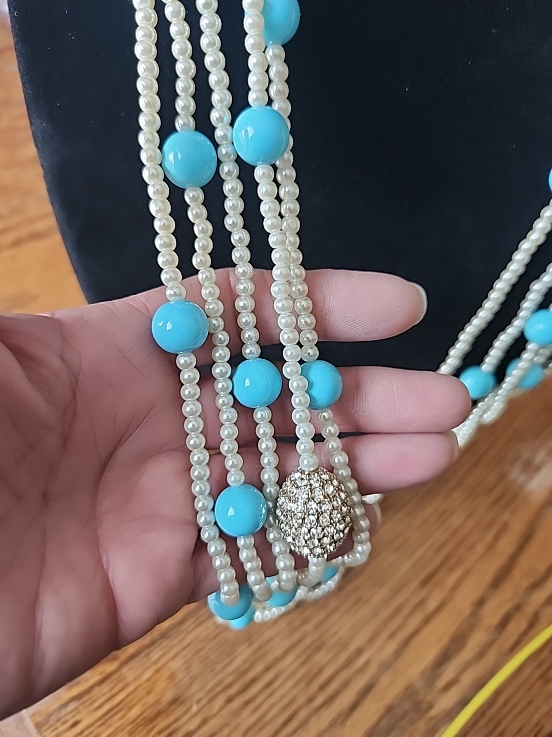 Lovely Joan Boyce Faux Turquoise & Pearl & Crystal Multi Strand 24″ Necklace NIB
