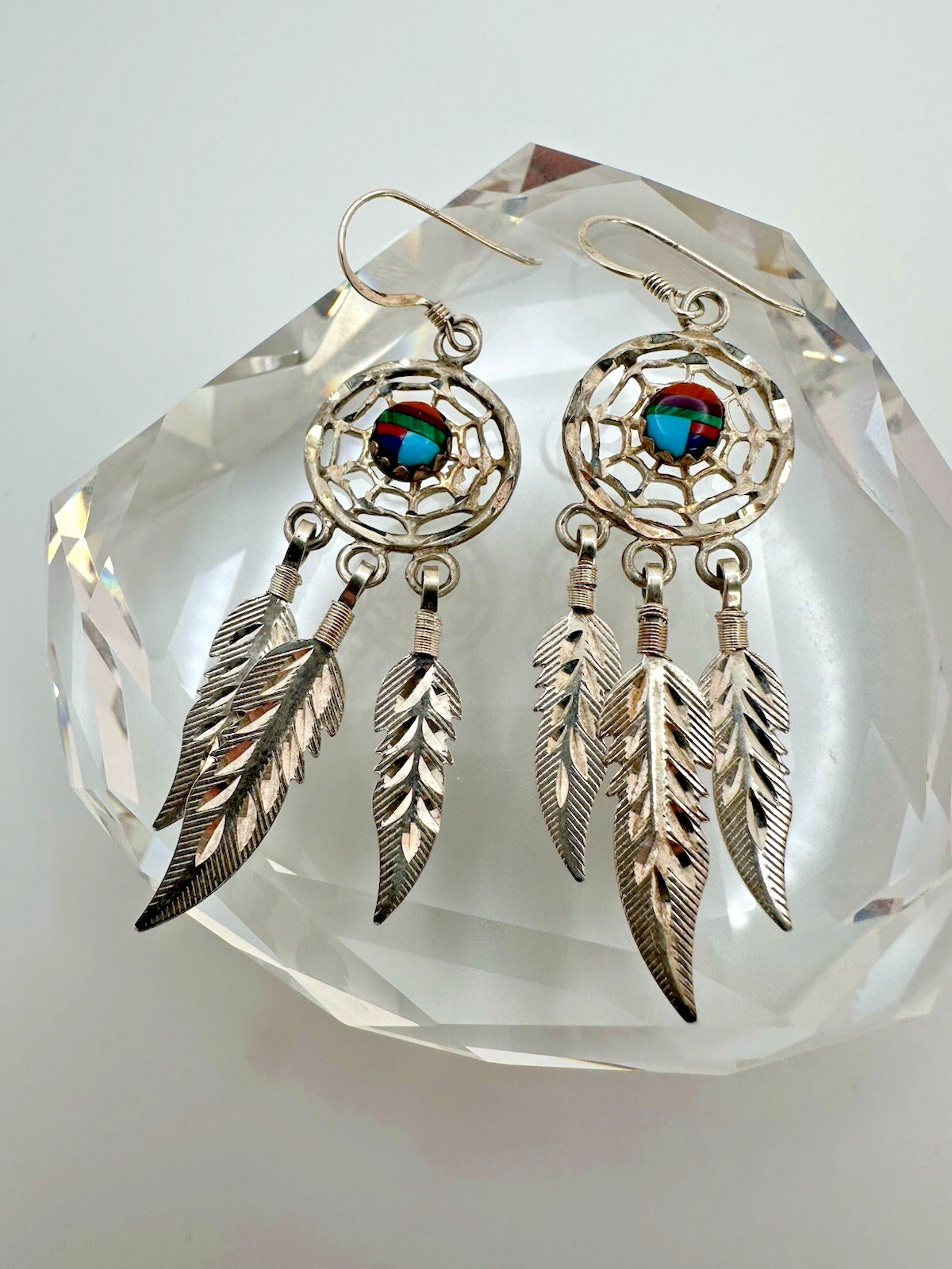 Vintage Sterling Silver Native American Dream Catcher Dangle Earrings 6.6cm JB22