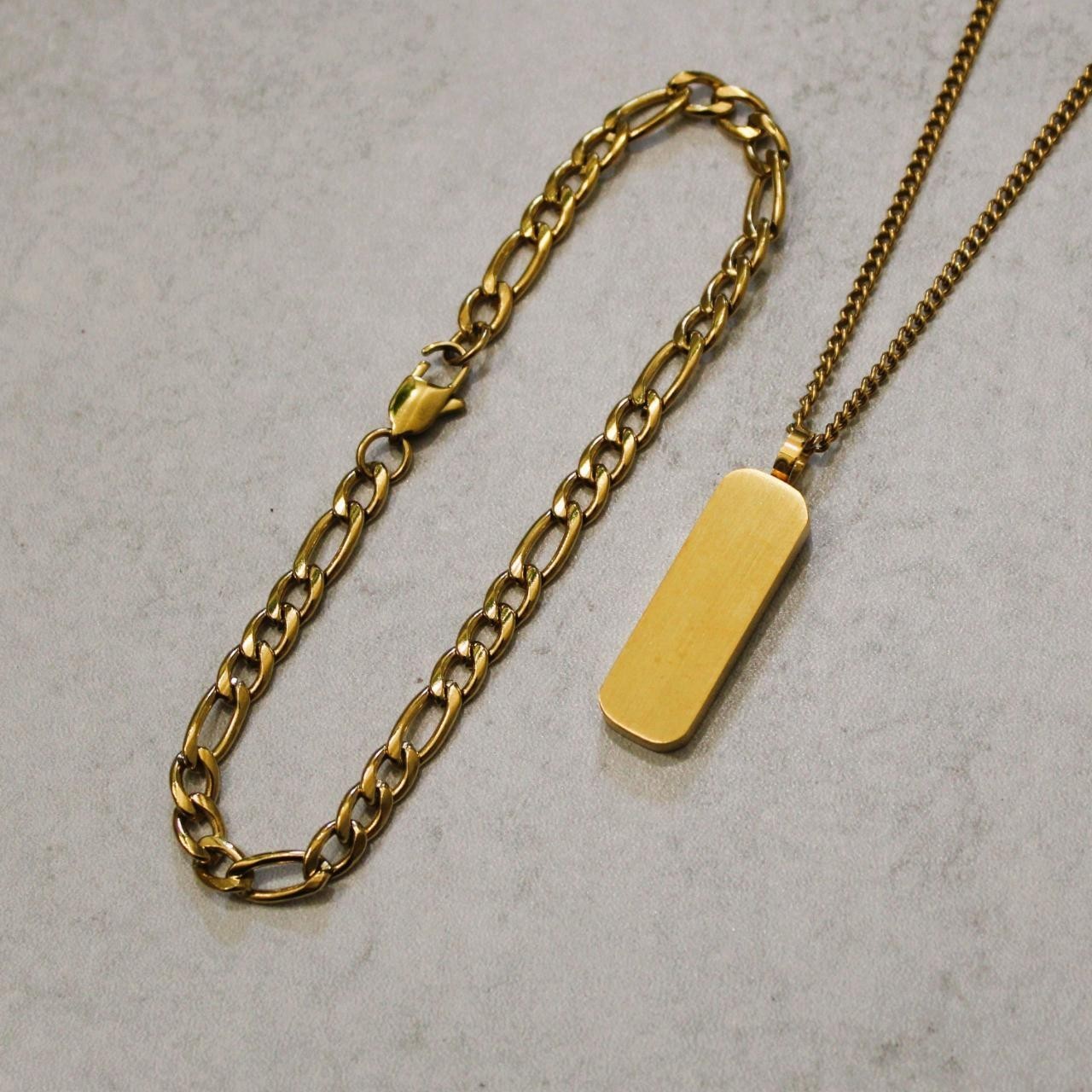 Gold Bar Pendant Necklace + 5mm Figaro Bracelet Set