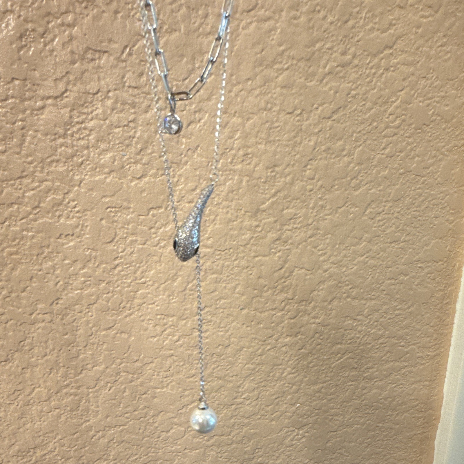 Silver Tone Layered Lariat Pendant Necklace White Pearl Pavé Teardrop Box Chain