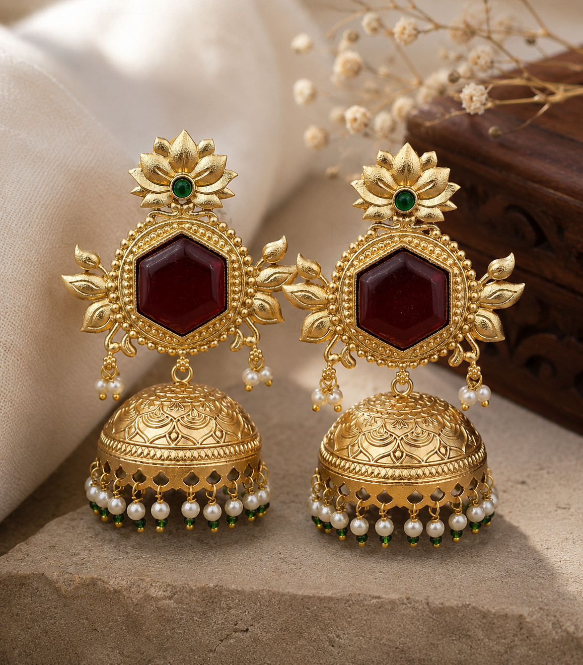 Indian Jhumka Earrings Gold Tone Red Green Stone Pearl Dangle Ethnic Jewelry