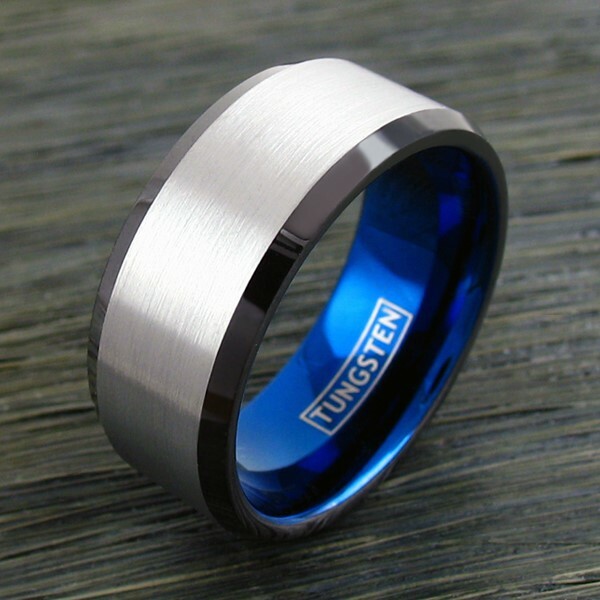 10mm Wide Men’s Tungsten Ring Brushed Center Blue Inner Band Size 9-15
