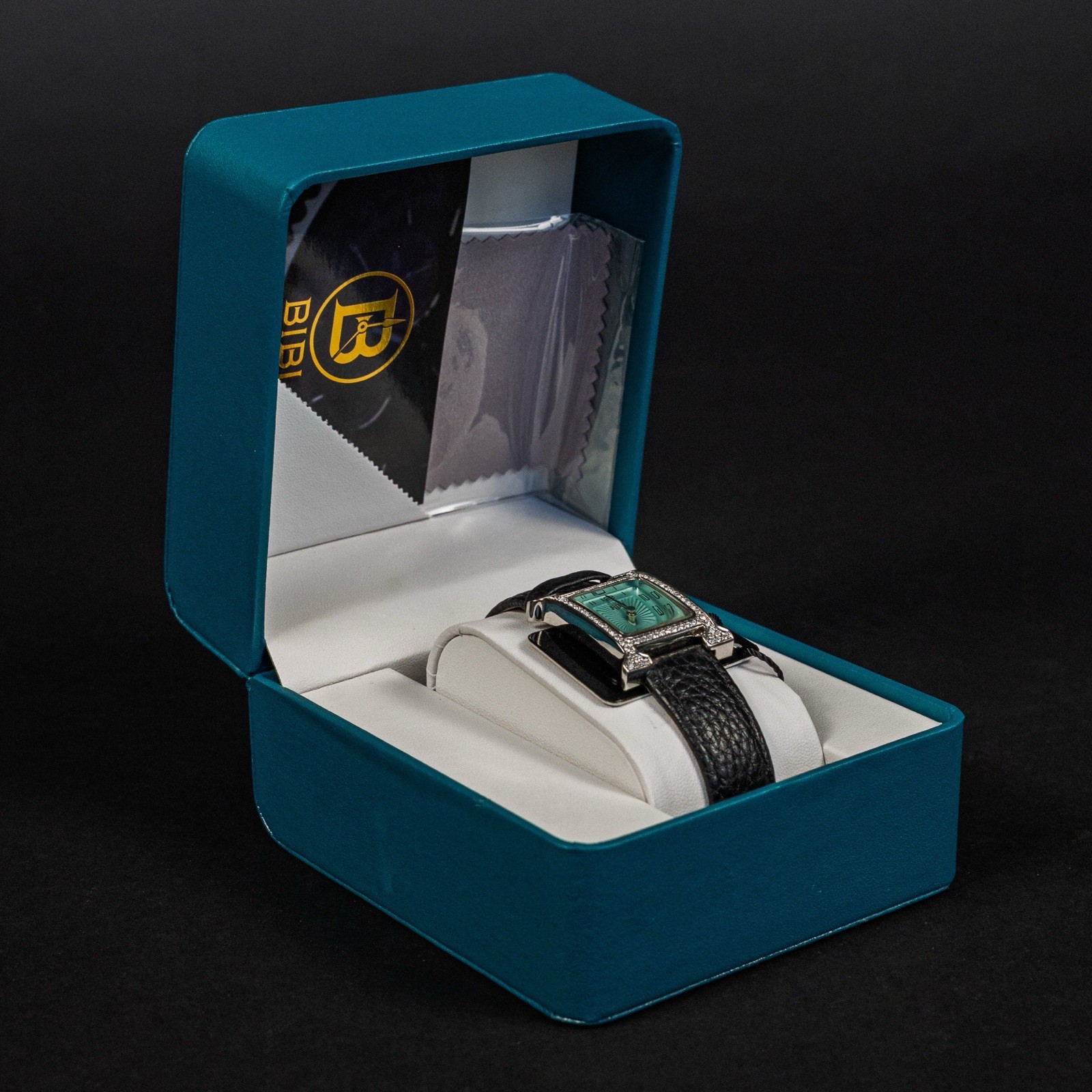 BIBI Luxury Watch Tiffany Blue Face H Rhinestone Genuine Leather Band Women NIB