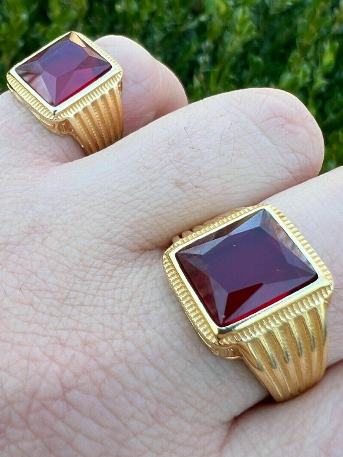 Mens Real 14k Gold Vermeil Over Solid 925 Silver Red Stone Ring Hip Hop Ice