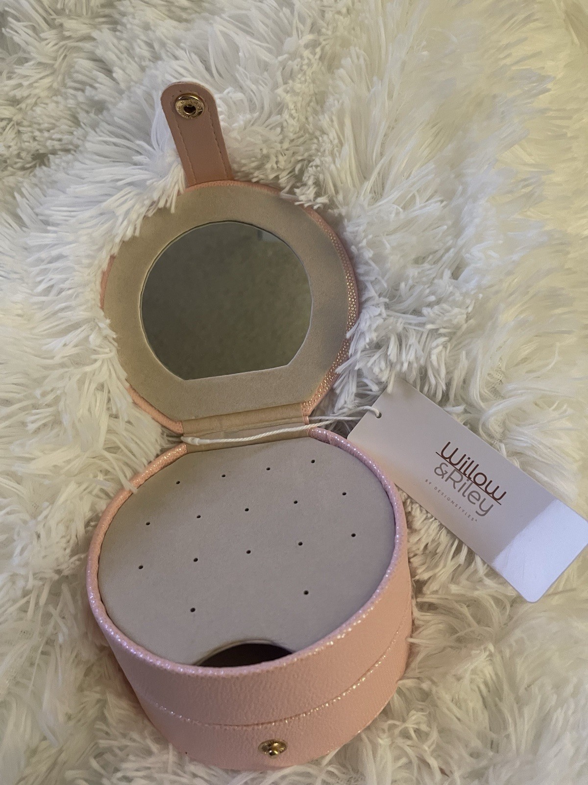 Willow & Riley Pink Round Travel Jewelry Box w/ Mirror & Compartments