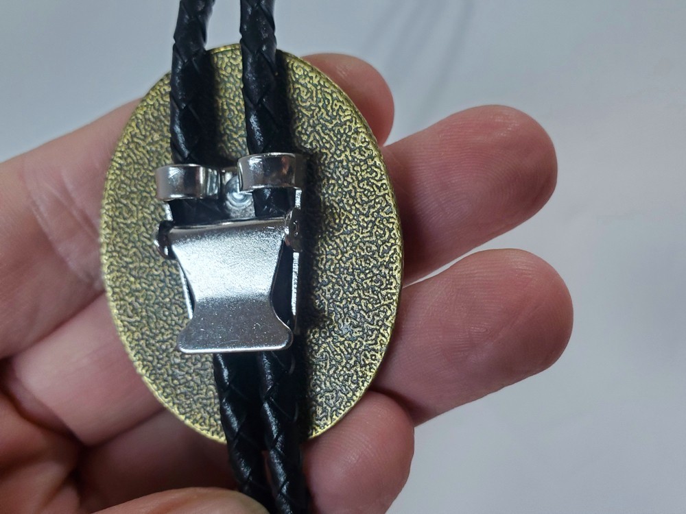 WESTERN BOLO TIE Oval Gold & Multi-Color Black Leather Cord Gold Tips