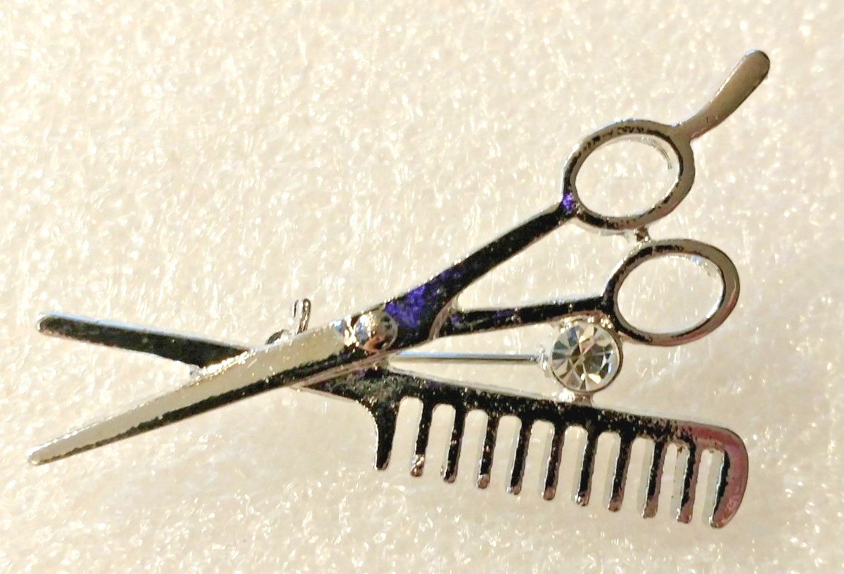 Hair Stylist Beauty School Scissors Comb Silver Alloy Crystal Pin Brooch Jewelry