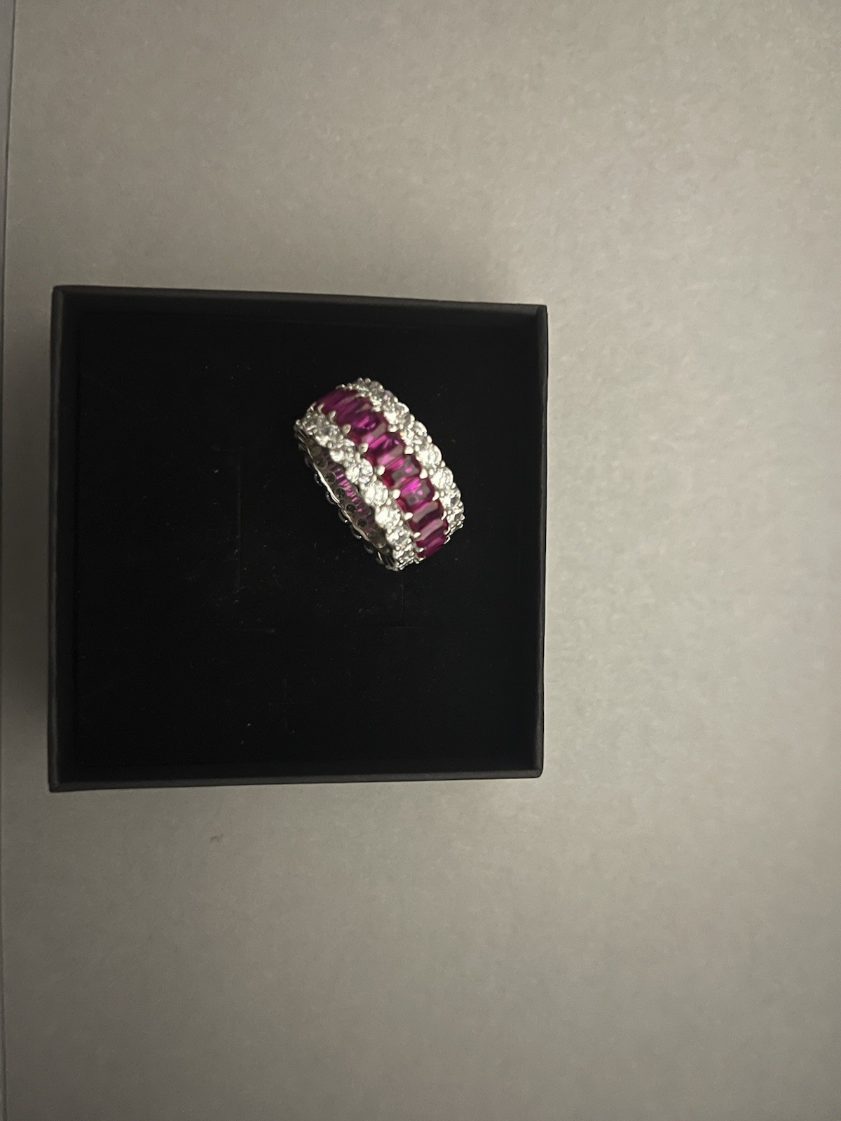 Stunning Simulated Ruby and Diamond Silver Ring Band Size 8