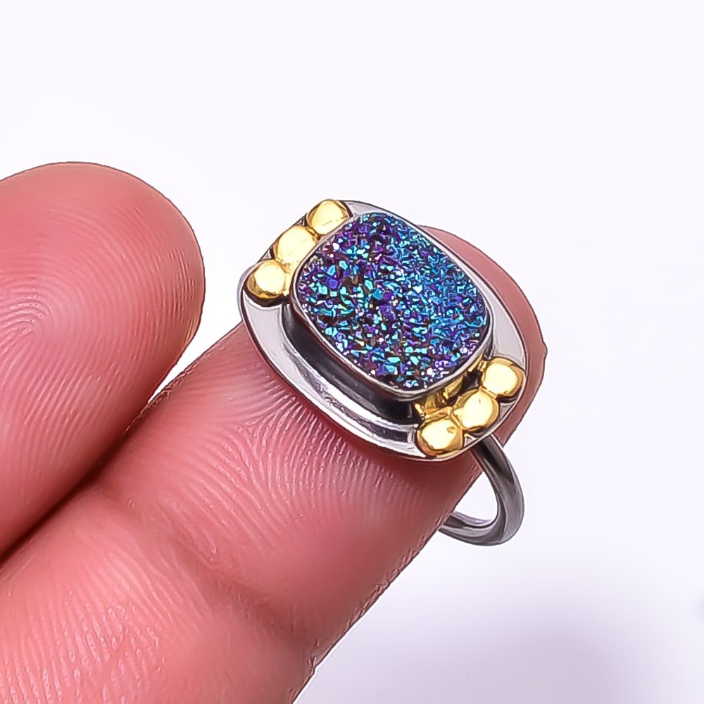 Blue Titanium Agate Drusy Black And Gold Plated 925 Sterling Silver Ring s.8 R24