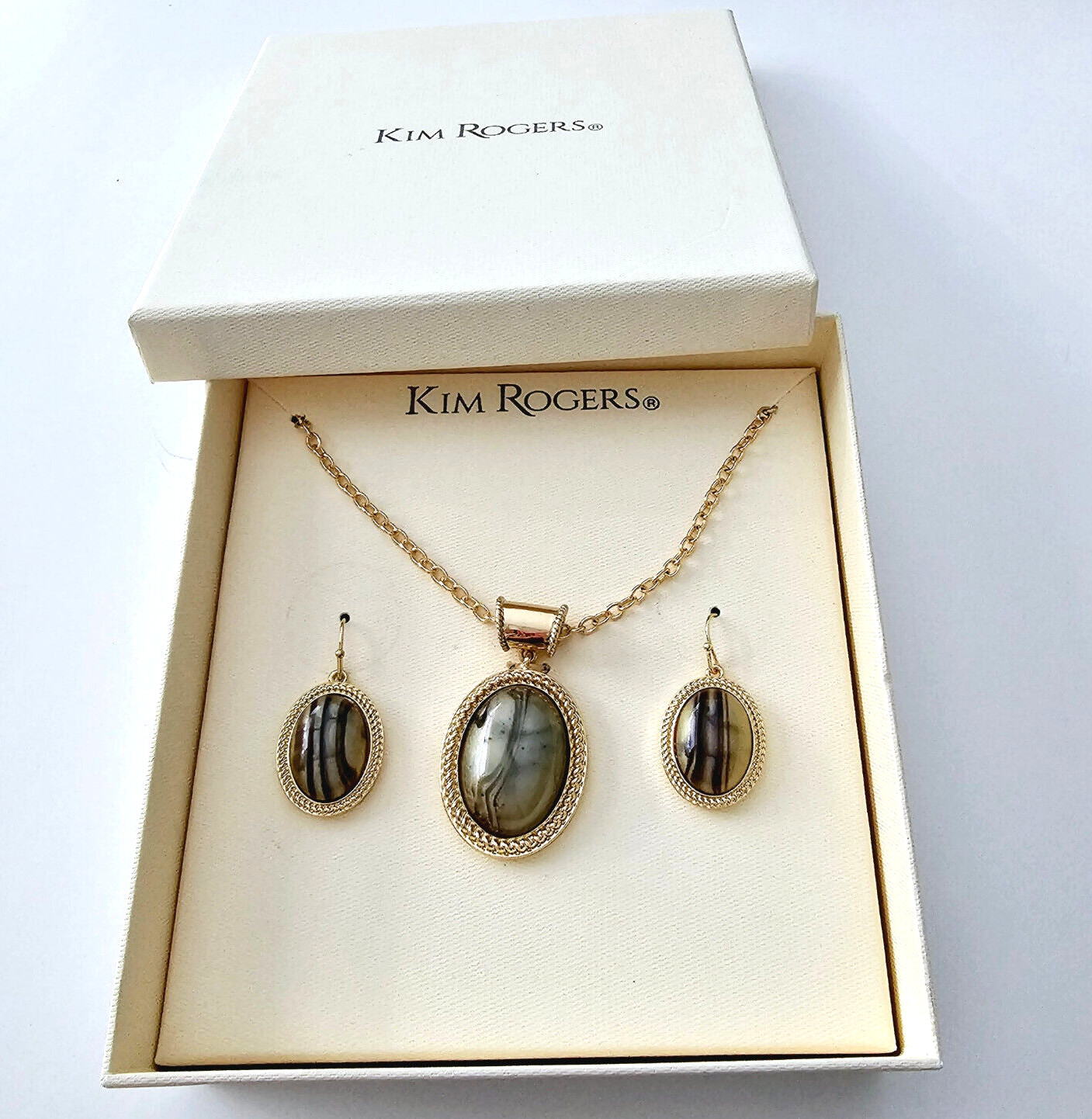 Kim Rogers Faux Agate Oval Pendant necklace and earrings gift set $25 NWT