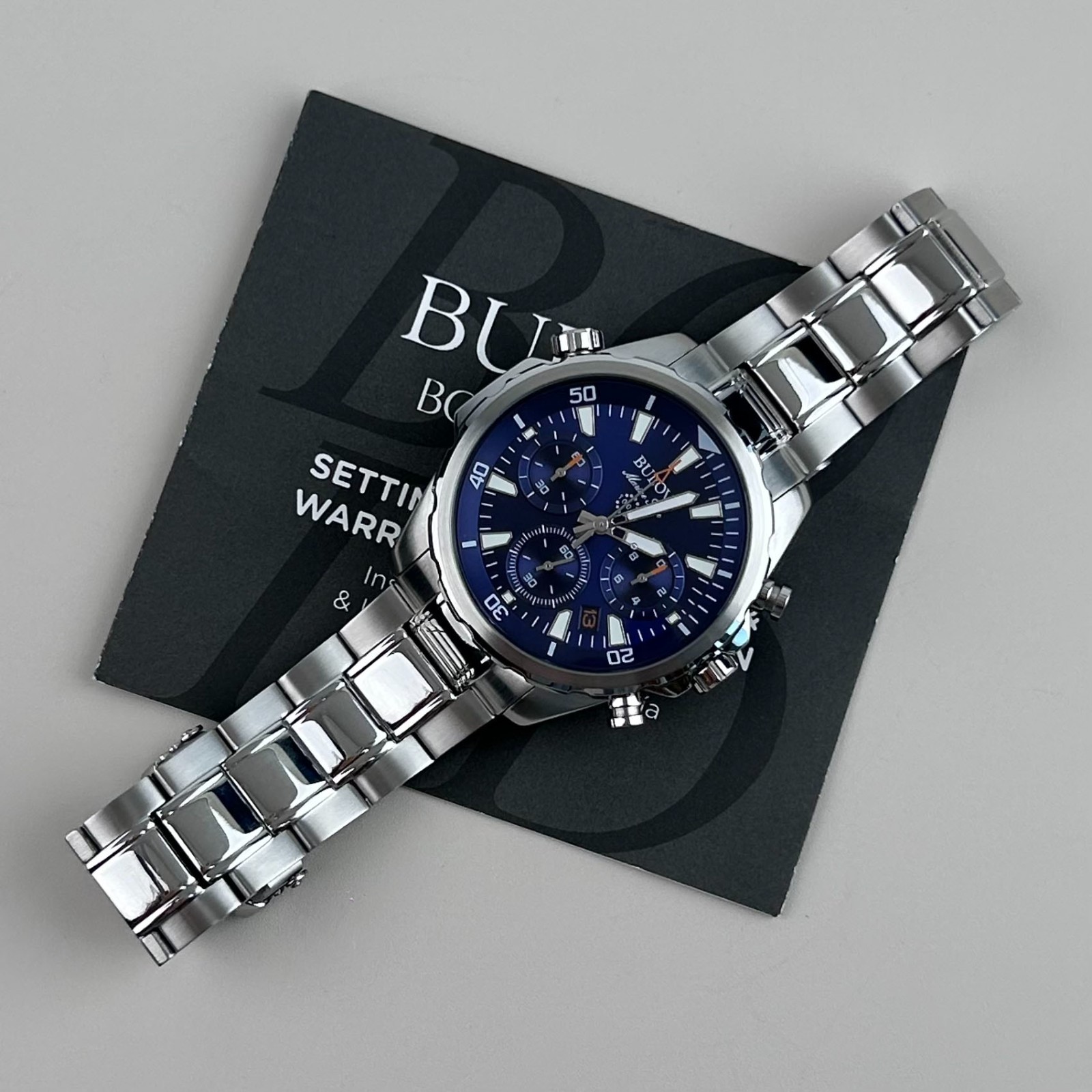 New Bulova Marine Star 96B256 Chronograph Blue Dial Quartz Watch 43MM