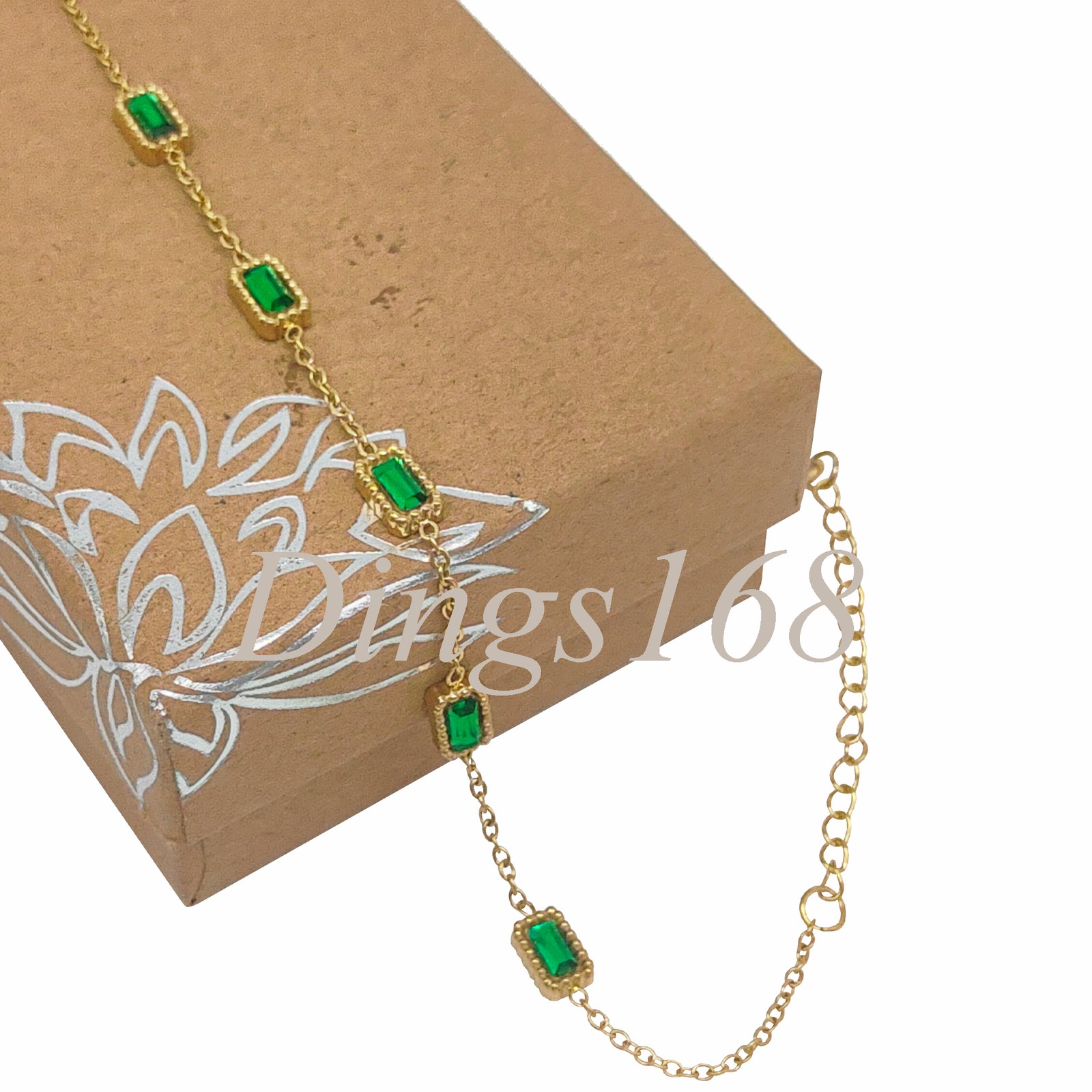 18K Yellow Gold Filled Tarnish-Resist 6.7in/9 in Five Simulated Emerald Bracelet
