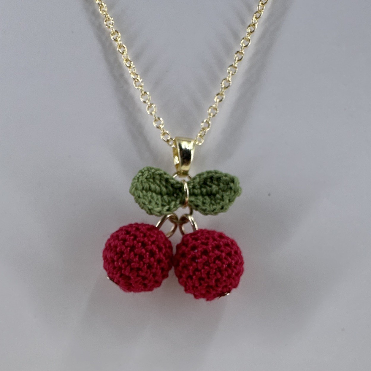 Hand Made, Tiny Crochet Cherry Pendant Necklace & Earrings Set
