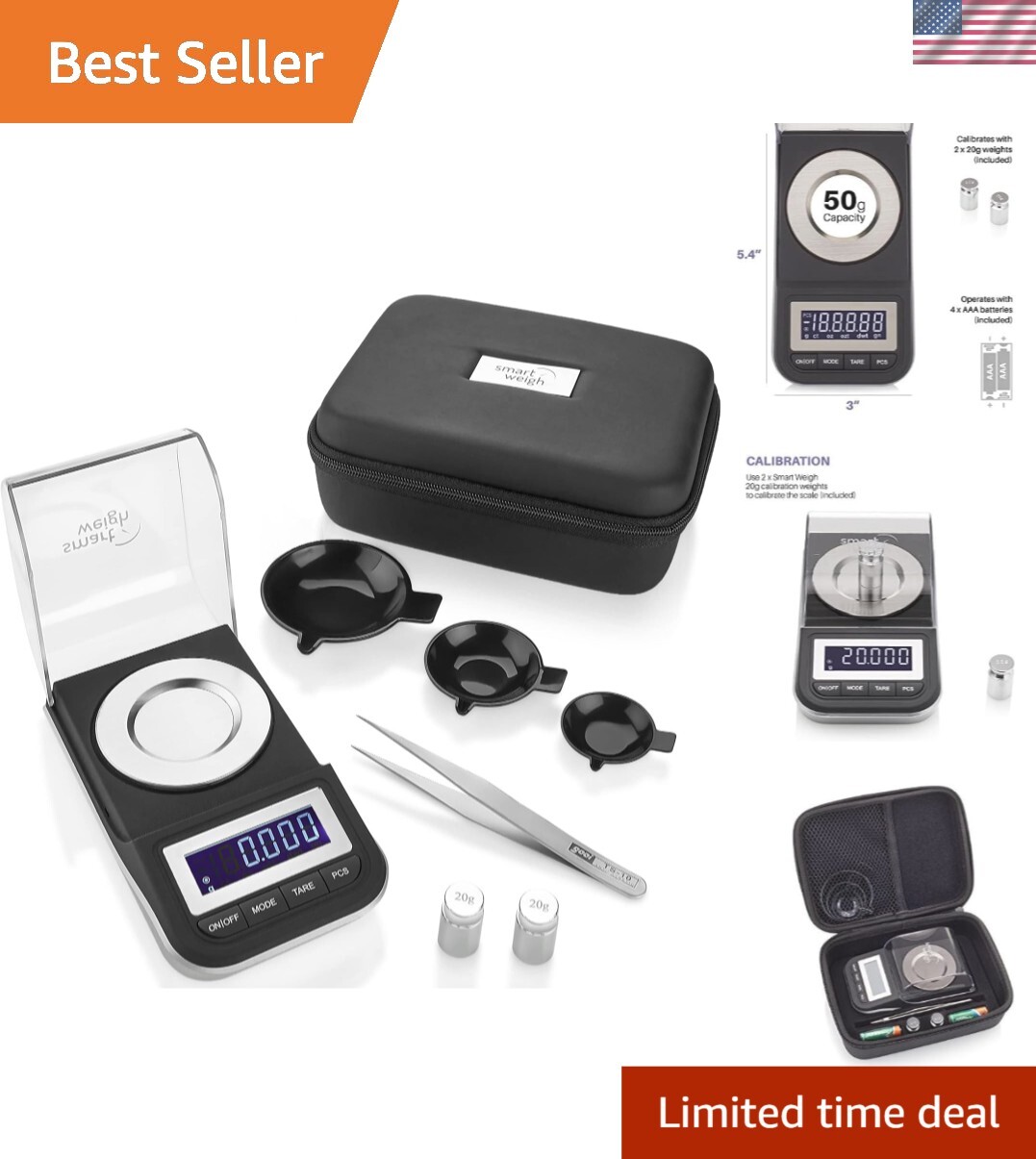 Premium 50g x 0.001g Digital Scale with Tweezers & Calibration Weights Included