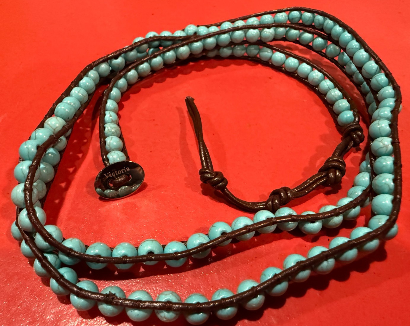 Victoria Emerson Turquoise Beaded Dark Brown Leather 5x Wrap Bracelet 33″-36″