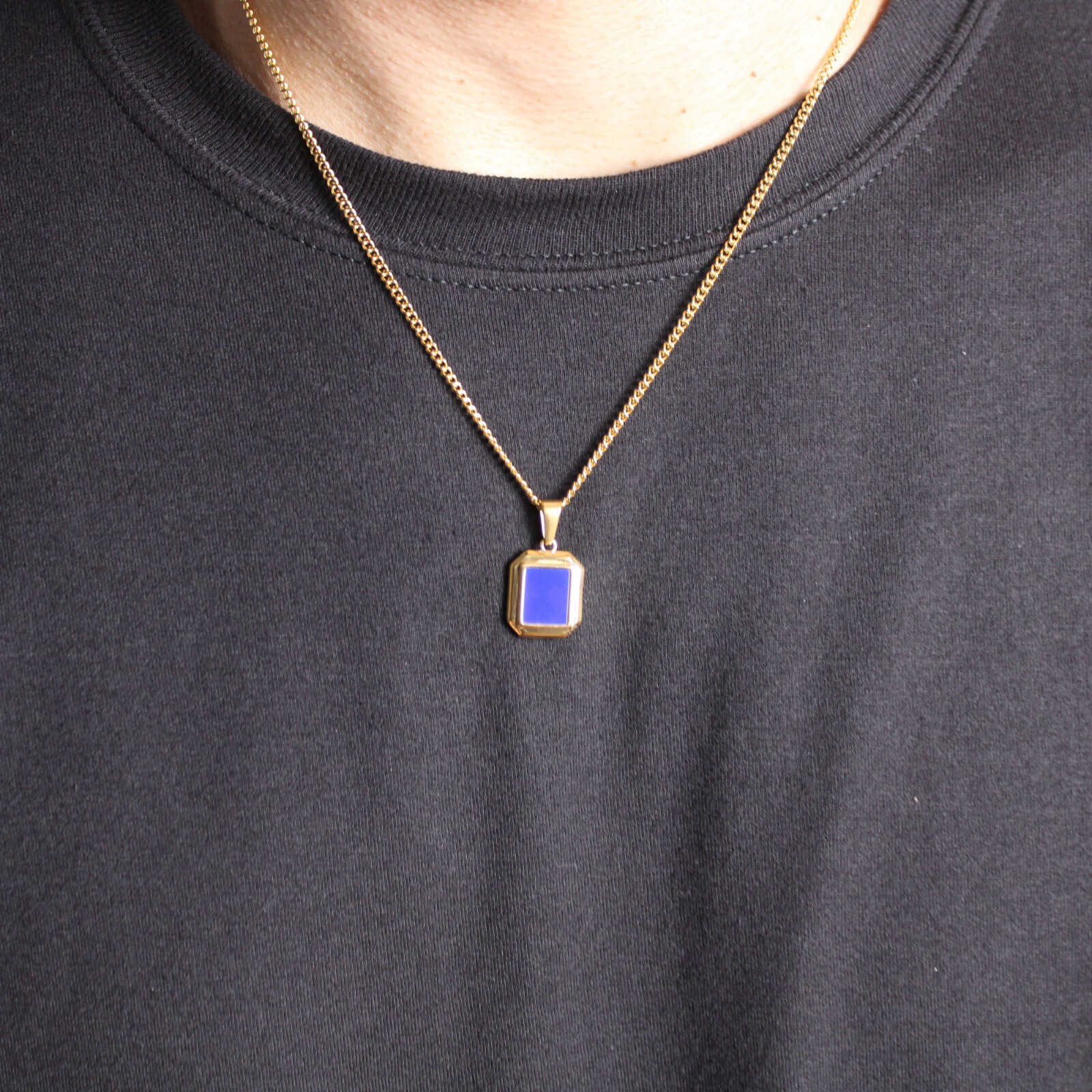 Gold Blue Enamel Pendant Chain Necklace Stainless Steel Small Minimalist