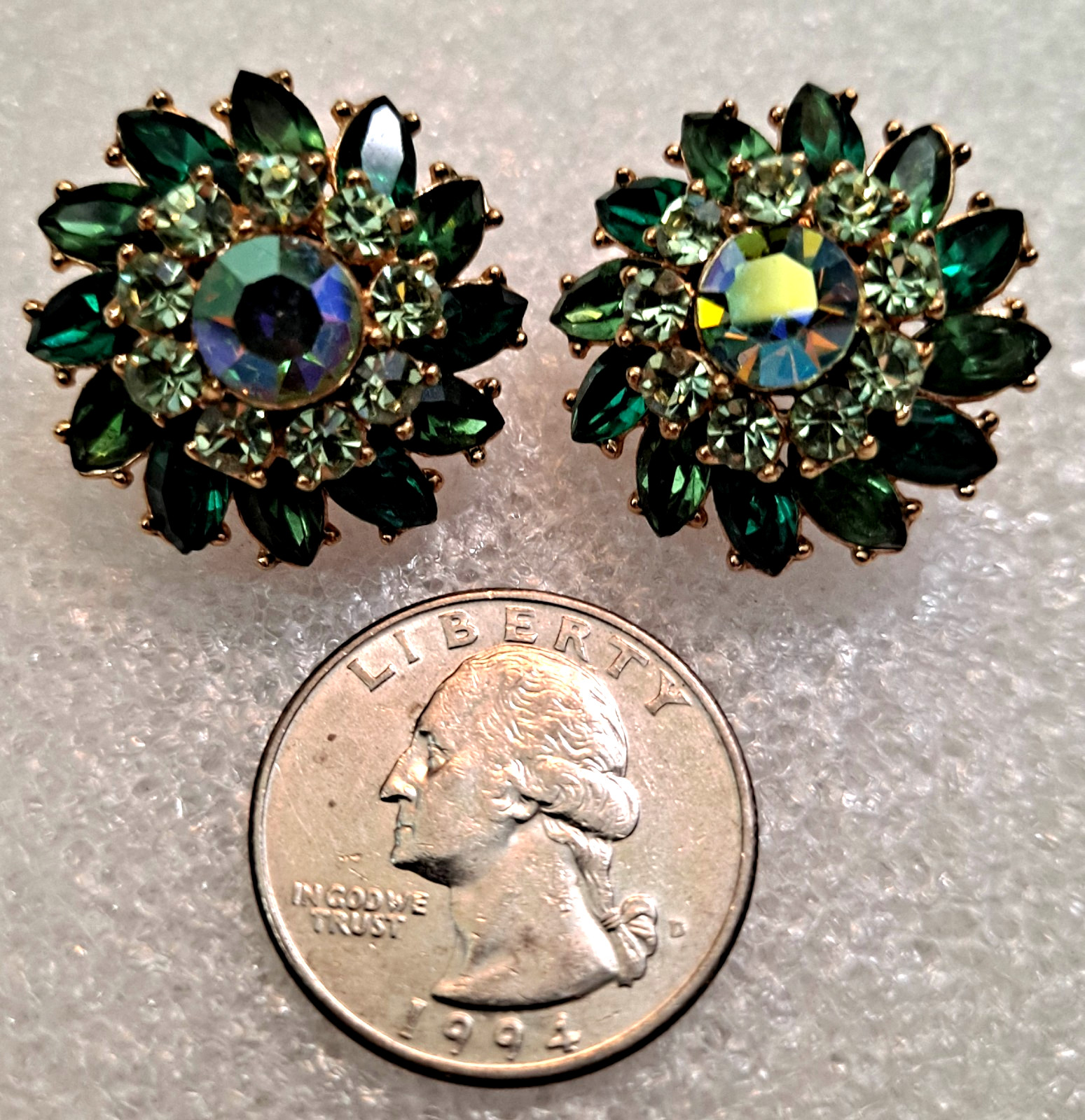 Trifari Rich Green Ira Desert Rhinestone & Aurora Borealis Clip Earrings