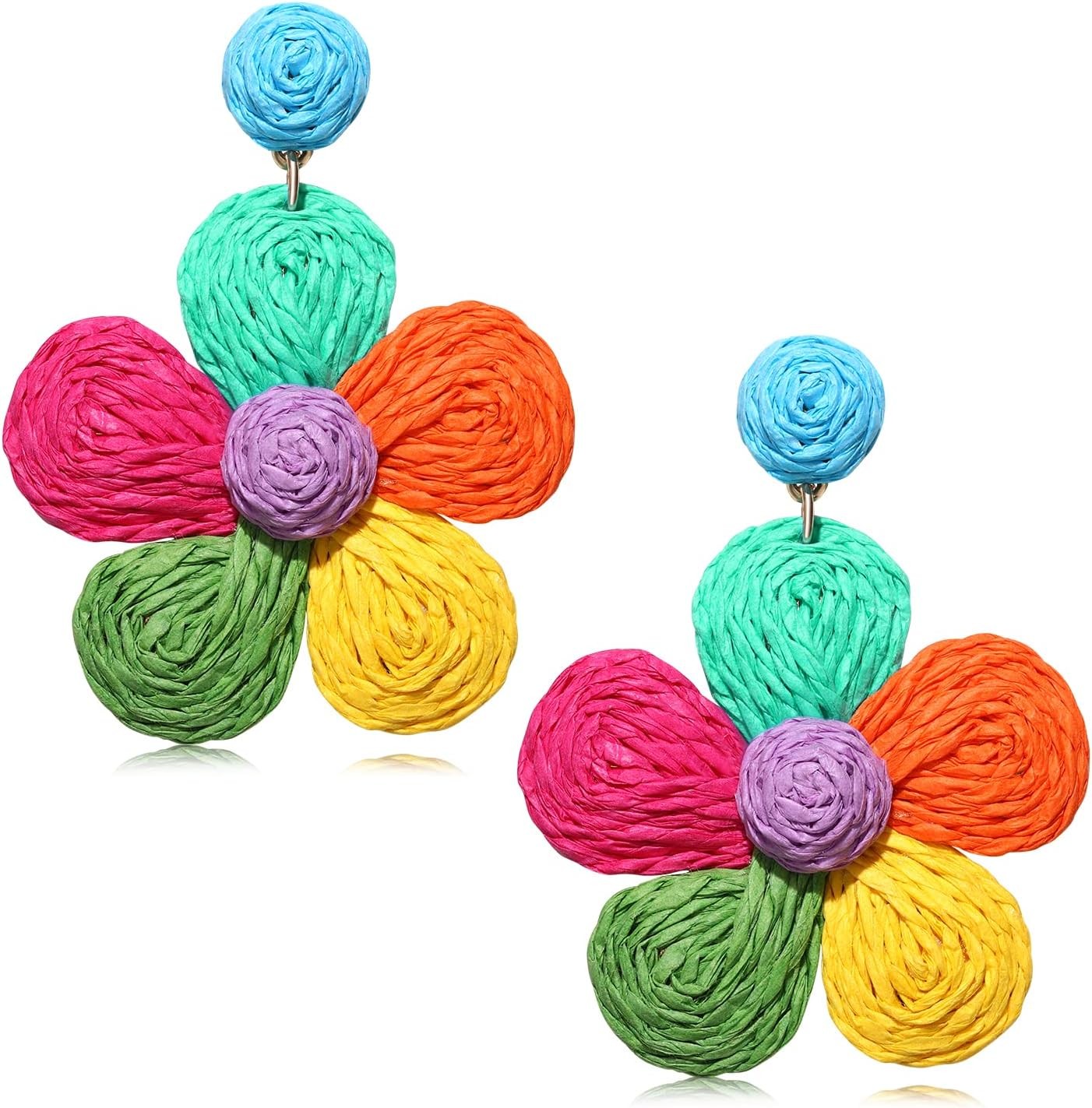 Rattan Flower Drop Earrings Raffia Straw Dangle Beach Jewelry Women