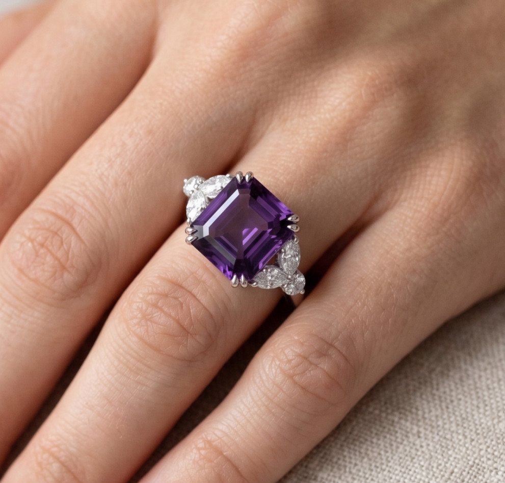 RARE 5.30 Ct Certified Asscher Cut Purple Natural Diamond Ring White Gold Finish