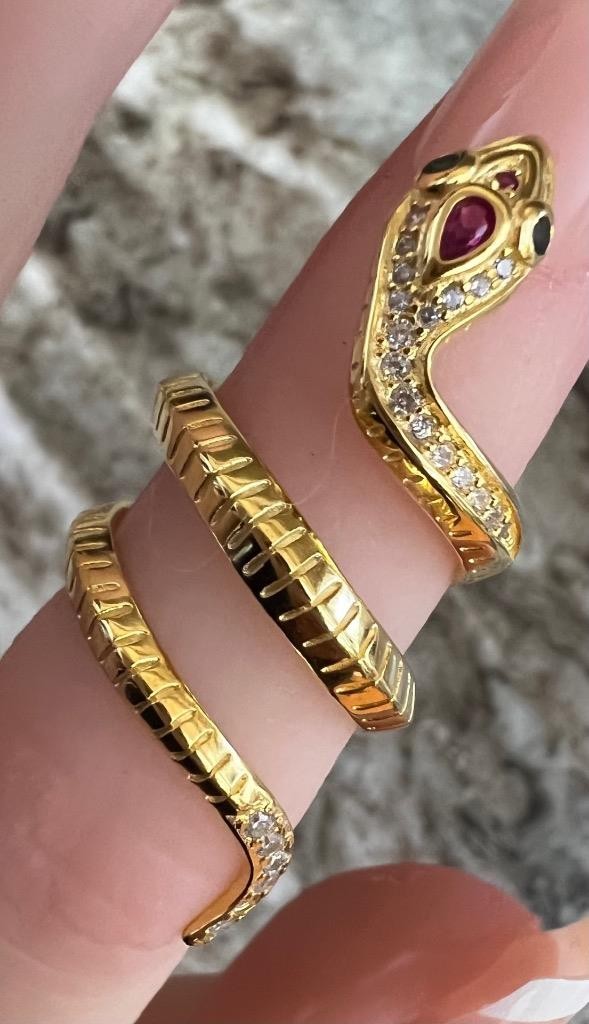 REAL Ruby Emerald Diamond Snake Ring 14K Y Gold on 925 wrap coiled Egyptian Rev