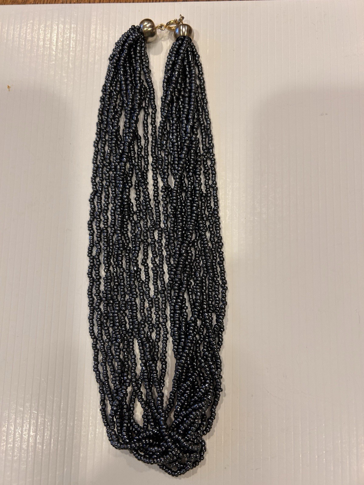 VTG Multi Strand Gunmetal Glass Beaded Necklace With Gold Tone Clasp
