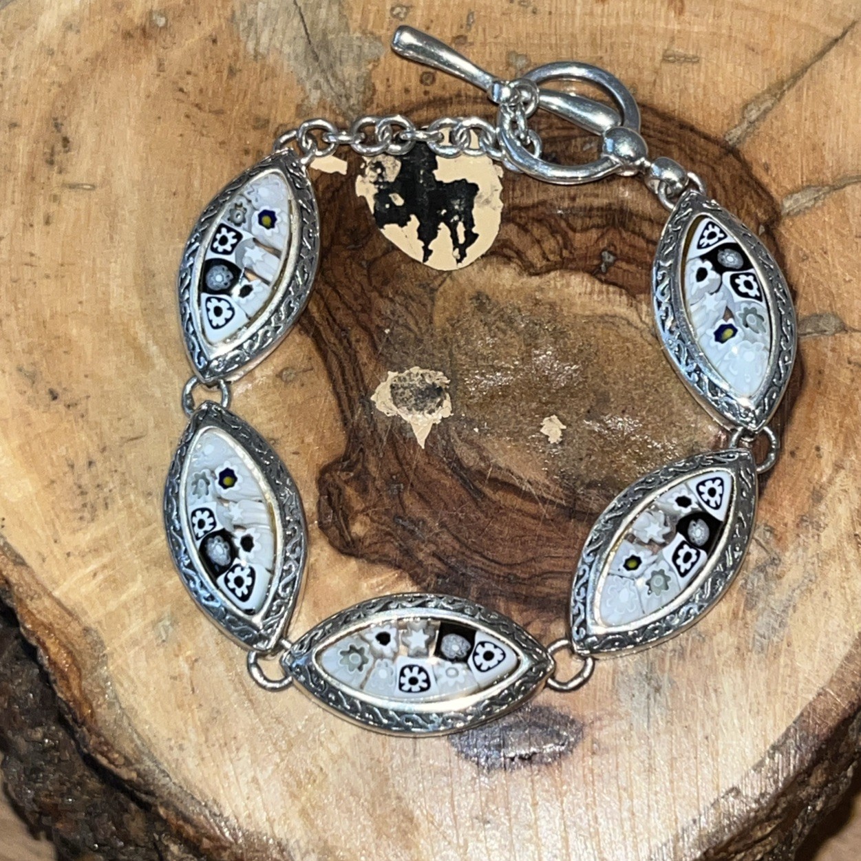 Sterling Silver 925 Millefiori Glass Floral Toggle Closure Bracelet Stamped