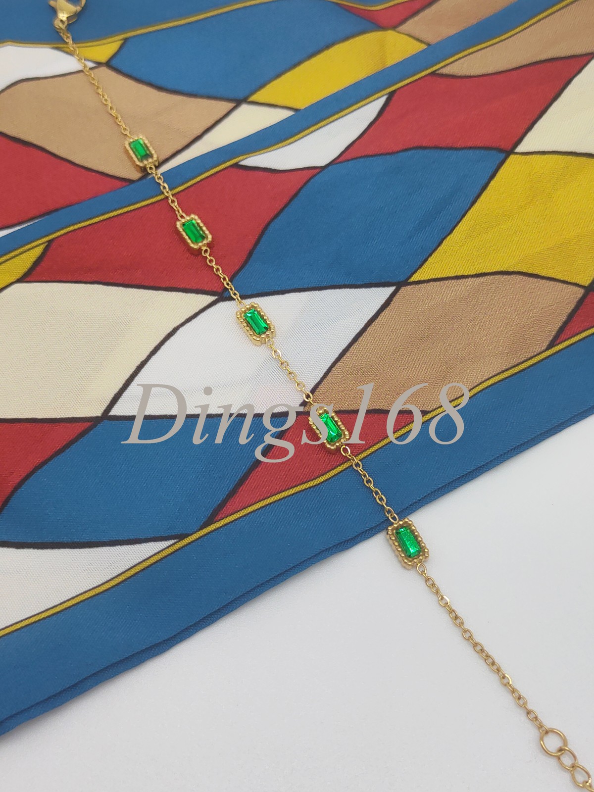 18K Yellow Gold Filled Tarnish-Resist 6.7in/9 in Five Simulated Emerald Bracelet