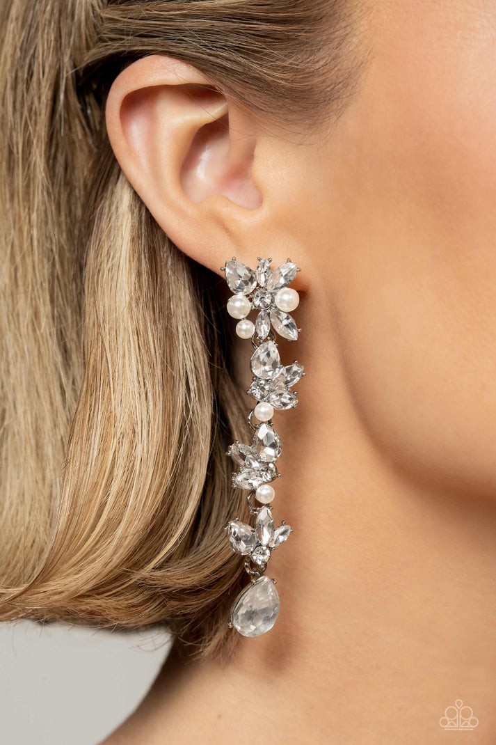 Paparazzi Silver Tone Clear Crystal & Pearl Teardrop Dangle Post Earrings
