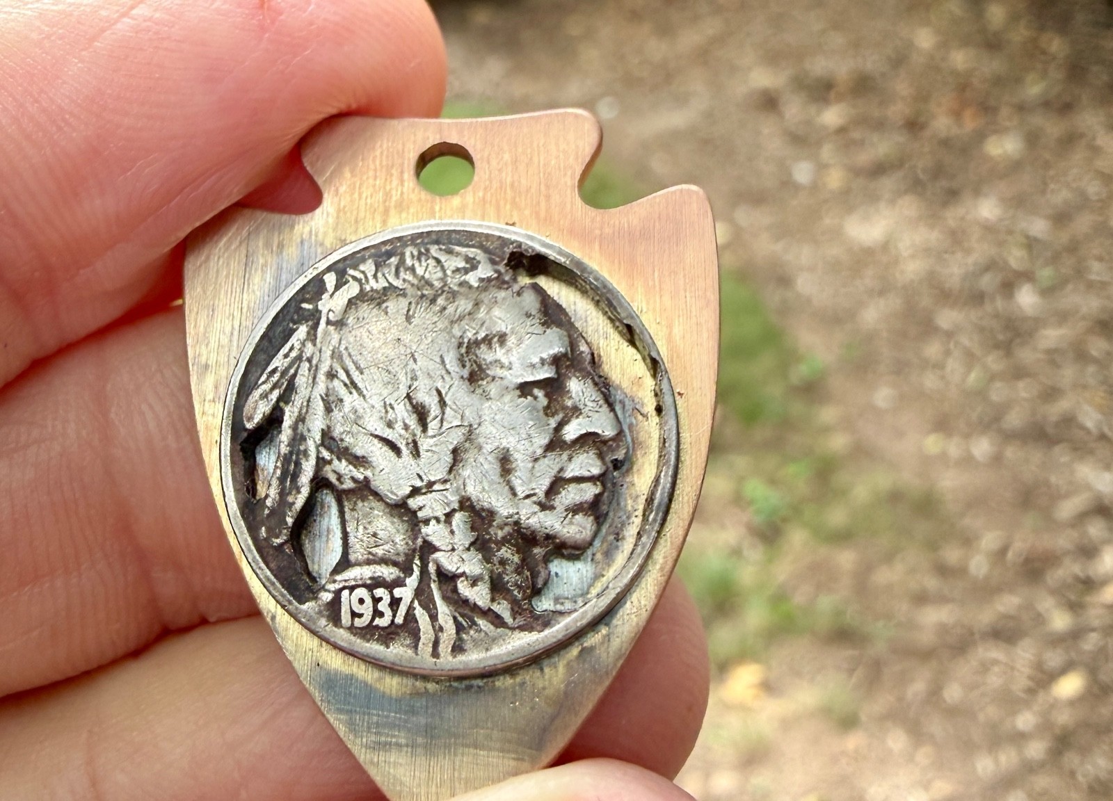Hand Cut 1937 Buffalo Nickel Brass Arrowhead Pendant Oxidized Necklace Keychain
