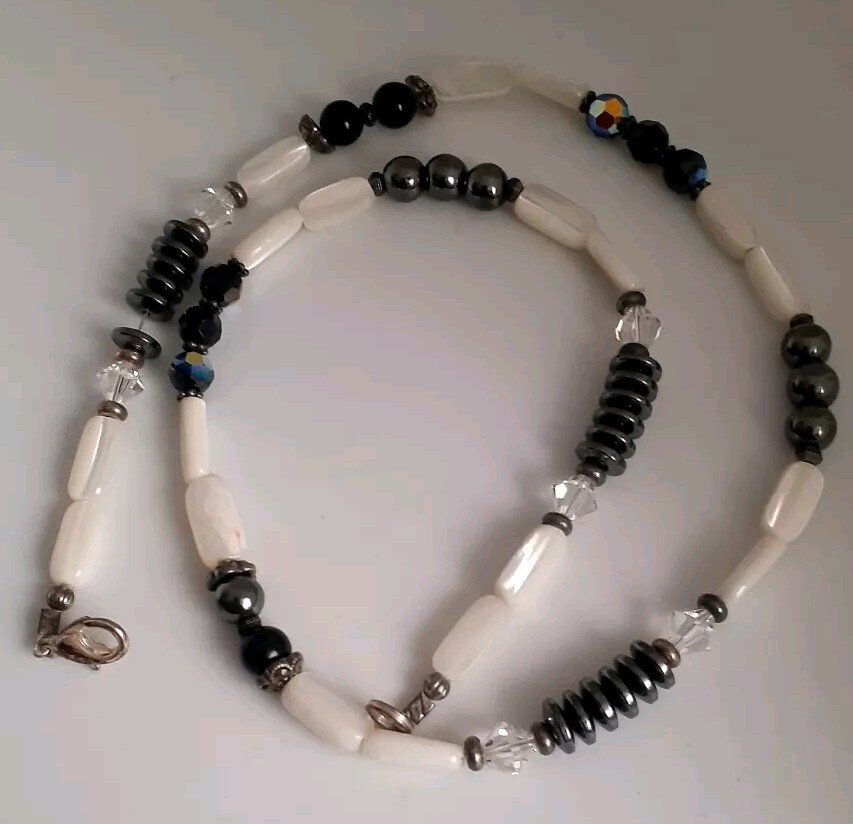 Mother of Pearl Hematite Clear & Black Stone Necklace. 18″