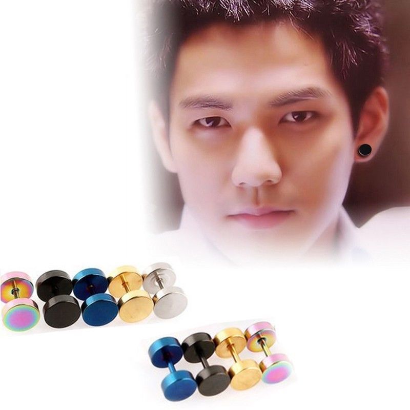 1Pair Mens Barbell Punk Gothic Stainless Steel Ear Studs Earrings