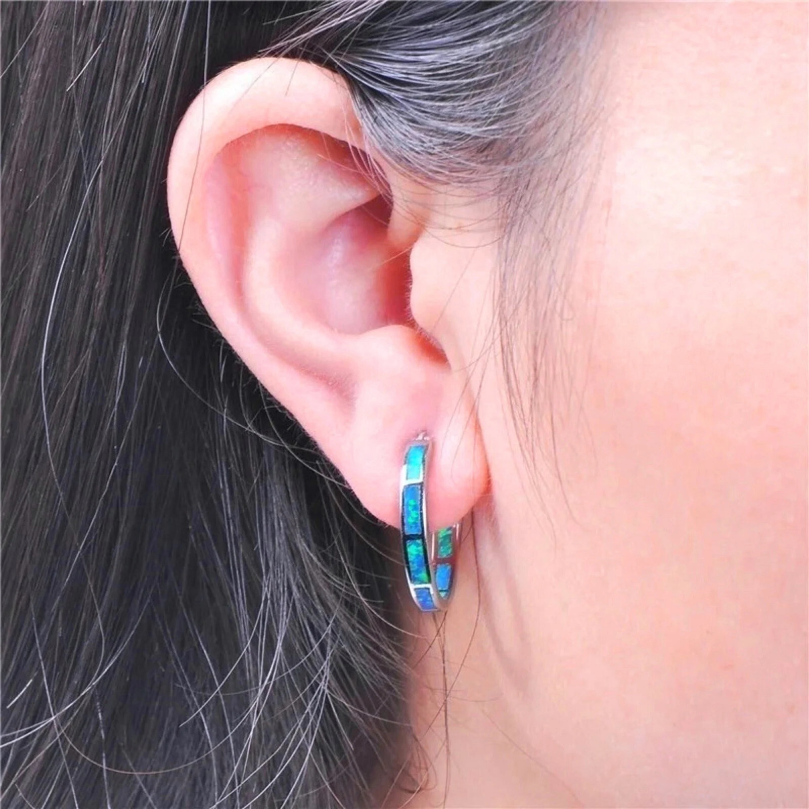 Blue Opal Hoop Earrings Fire Opal Huggies Opal Hoops Silver Stainless Steel Both Sided New
