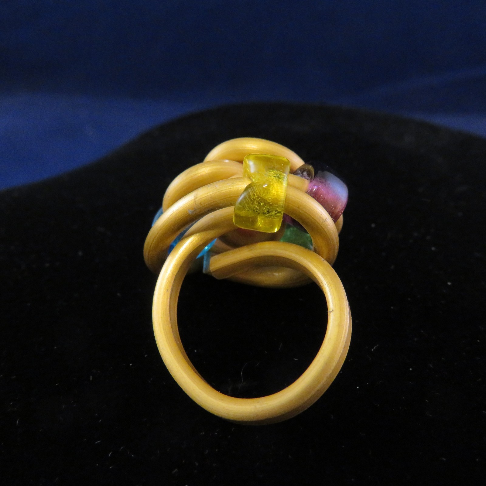 Fun Ring Golden Color Coated Thick Wire Sz. 7 w 5 Colorful Beads (1187)