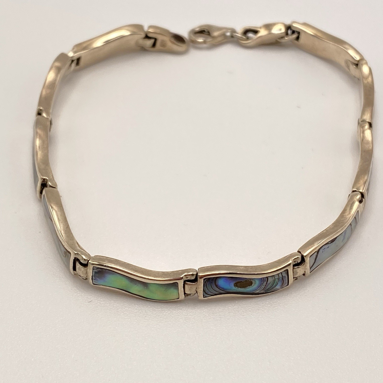 925 Sterling Silver Bracelet Blue Green Abalone Shell Inlay Wavy Link Vtg 7.25”