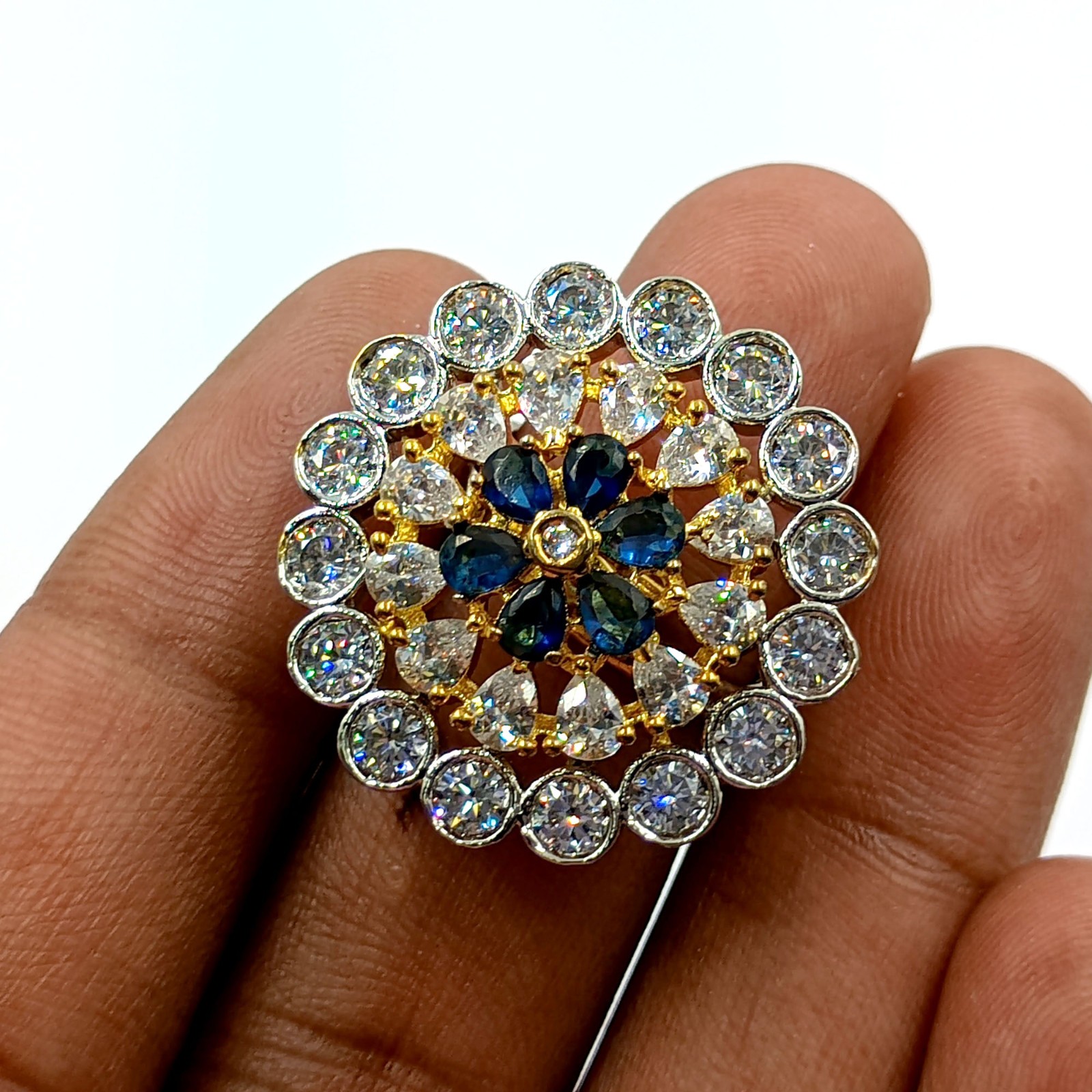 South Indian Style Pear Sapphire Ring 22k Gold Plated CZ Diamond Adjustable Band