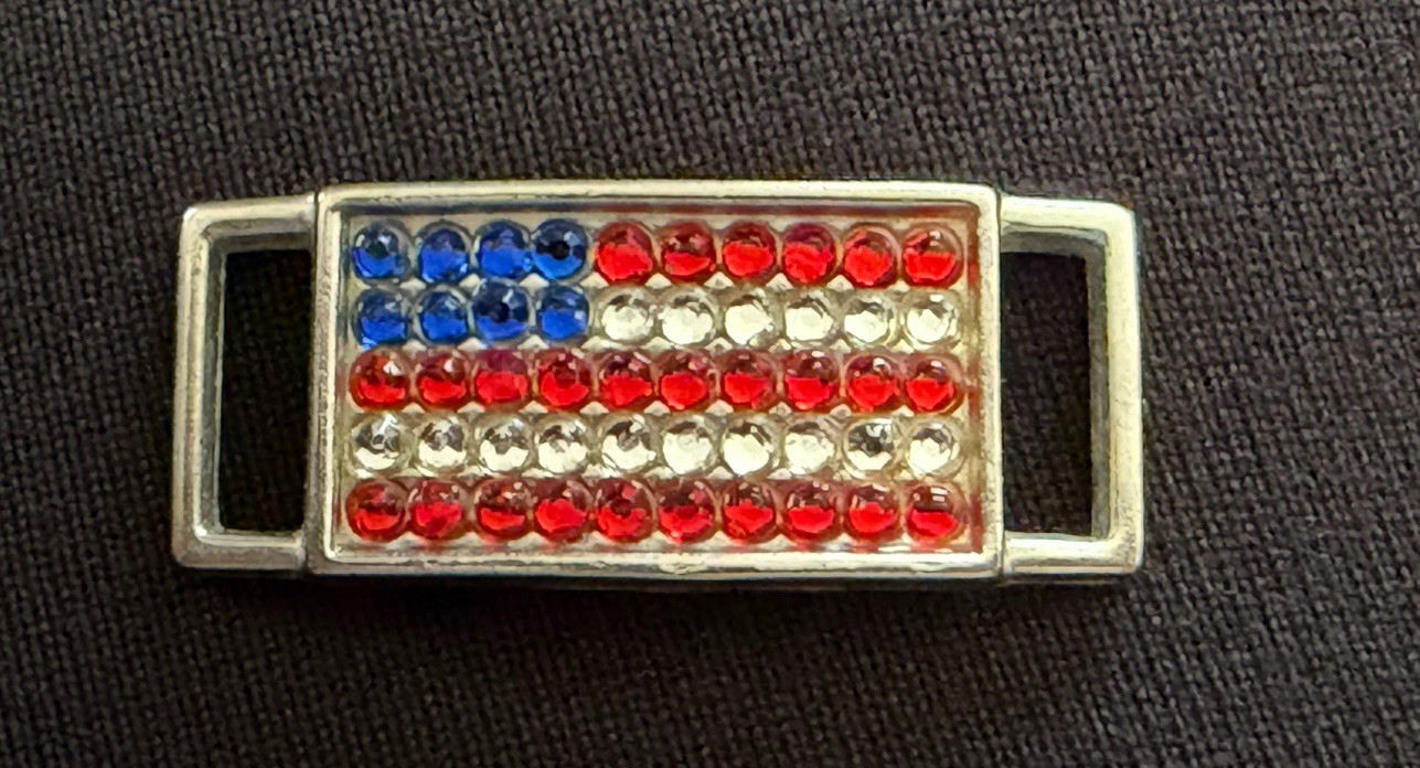 Patriotic red/white/blue American flag rhinestone shoelace/bracelet slide charm