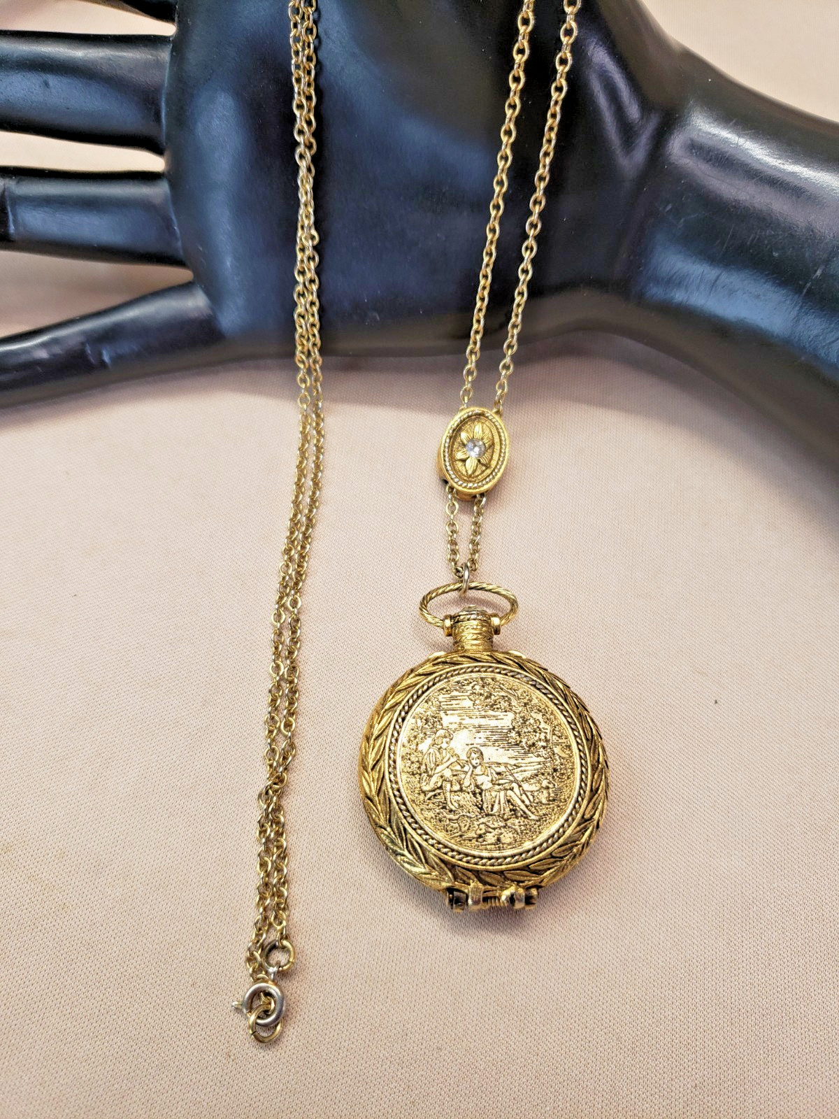 Max Factor Precious Time Gold Tone Solid Perfume Locket Pendant Necklace