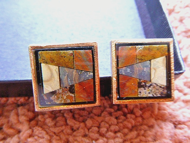 Vintage MCM Modern Hard Stone Inlay Pietra Dura Gilt Sterling Cufflinks Signed