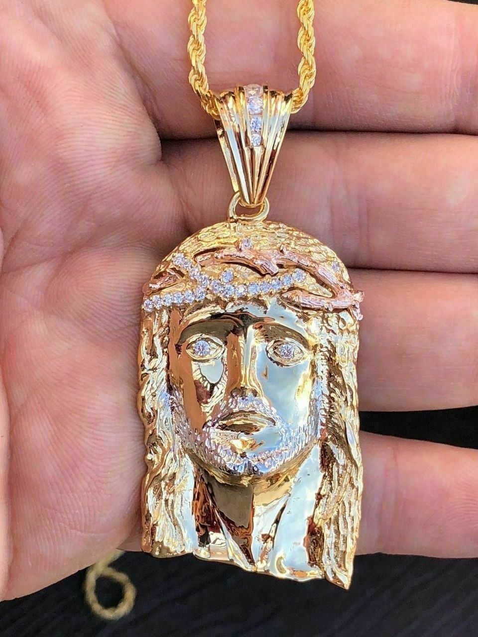 Mens 14k Yellow Rose Gold Plated 925 Silver Large CZ Jesus Piece HIP HOP Chain