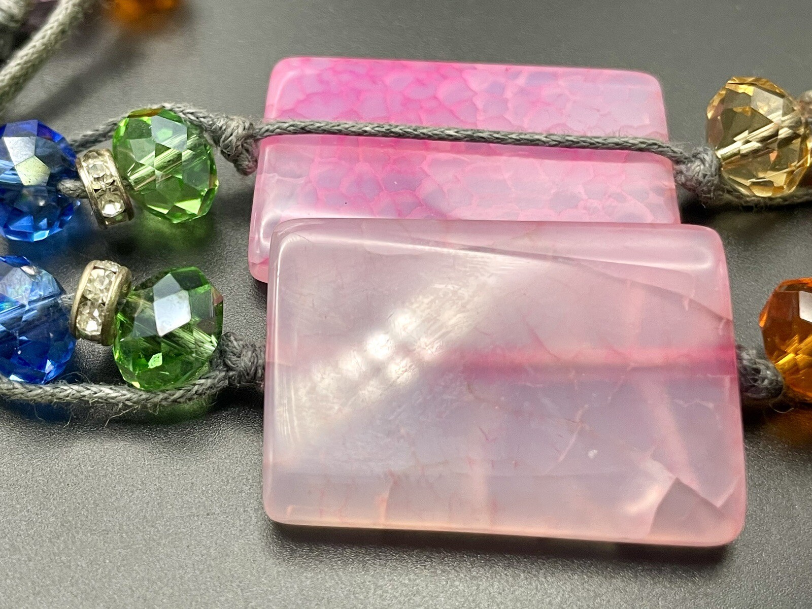 Quartz gemstone necklace, Long 38″. Cut Crystal Beads & Rhinstone Spacers.