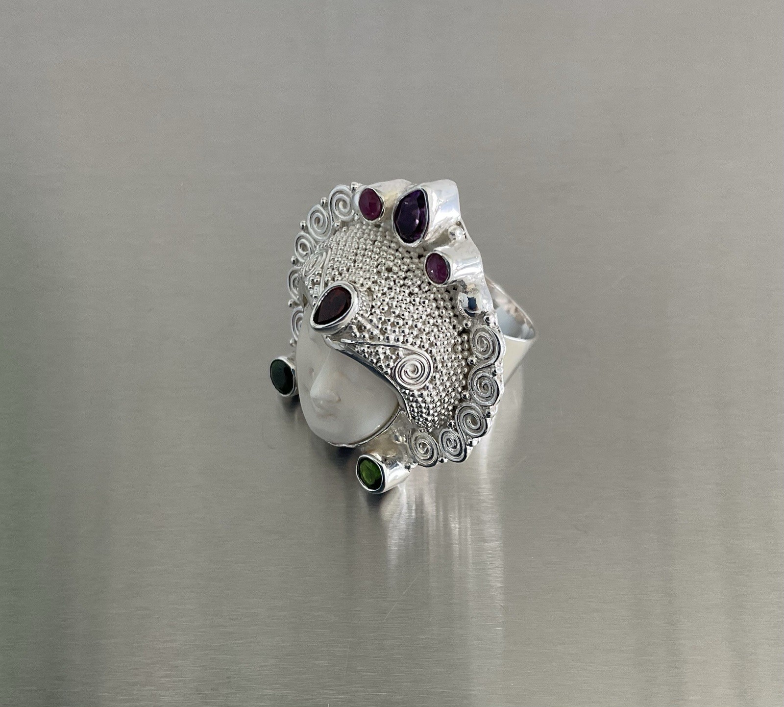 Sajen Silver Carved Goddess Ring Multi Gemstones 925 Sterling Silver Size 7