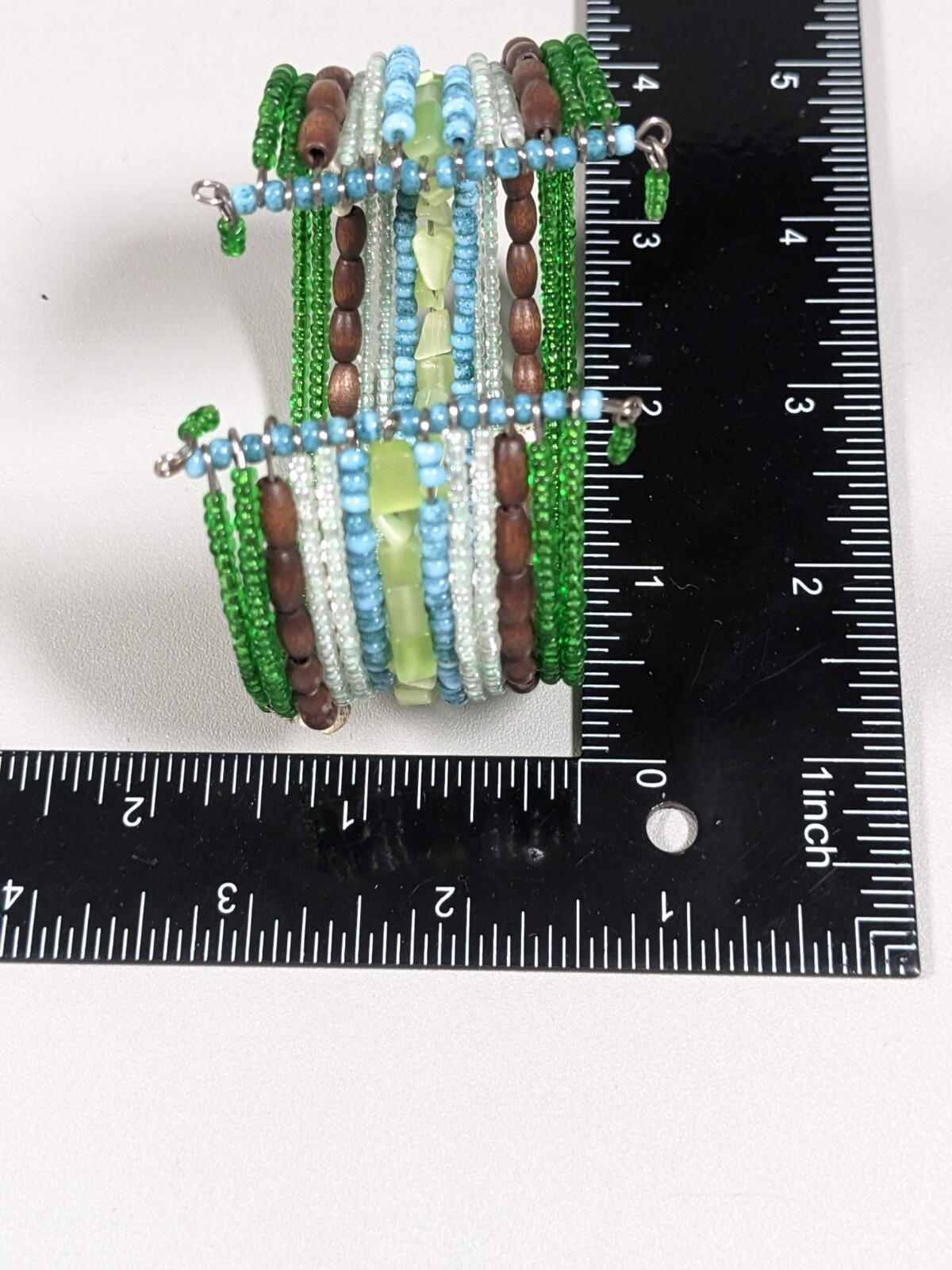 Green Blue Glass Brown Wood Shell Wide Open Cuff Bracelet 7.25 inches